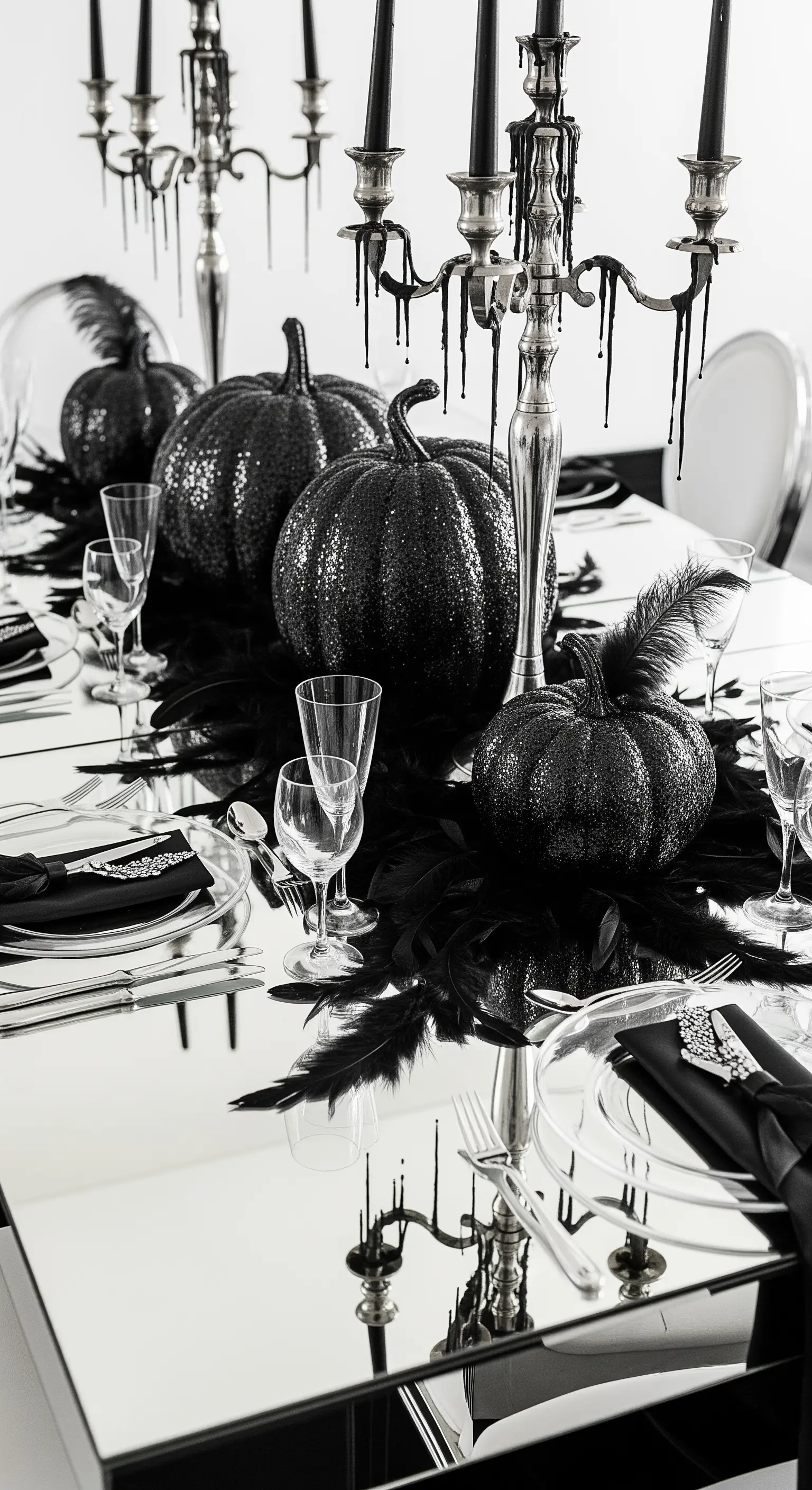Tavola a specchio con zucche nere e candelabro con cera che cola.