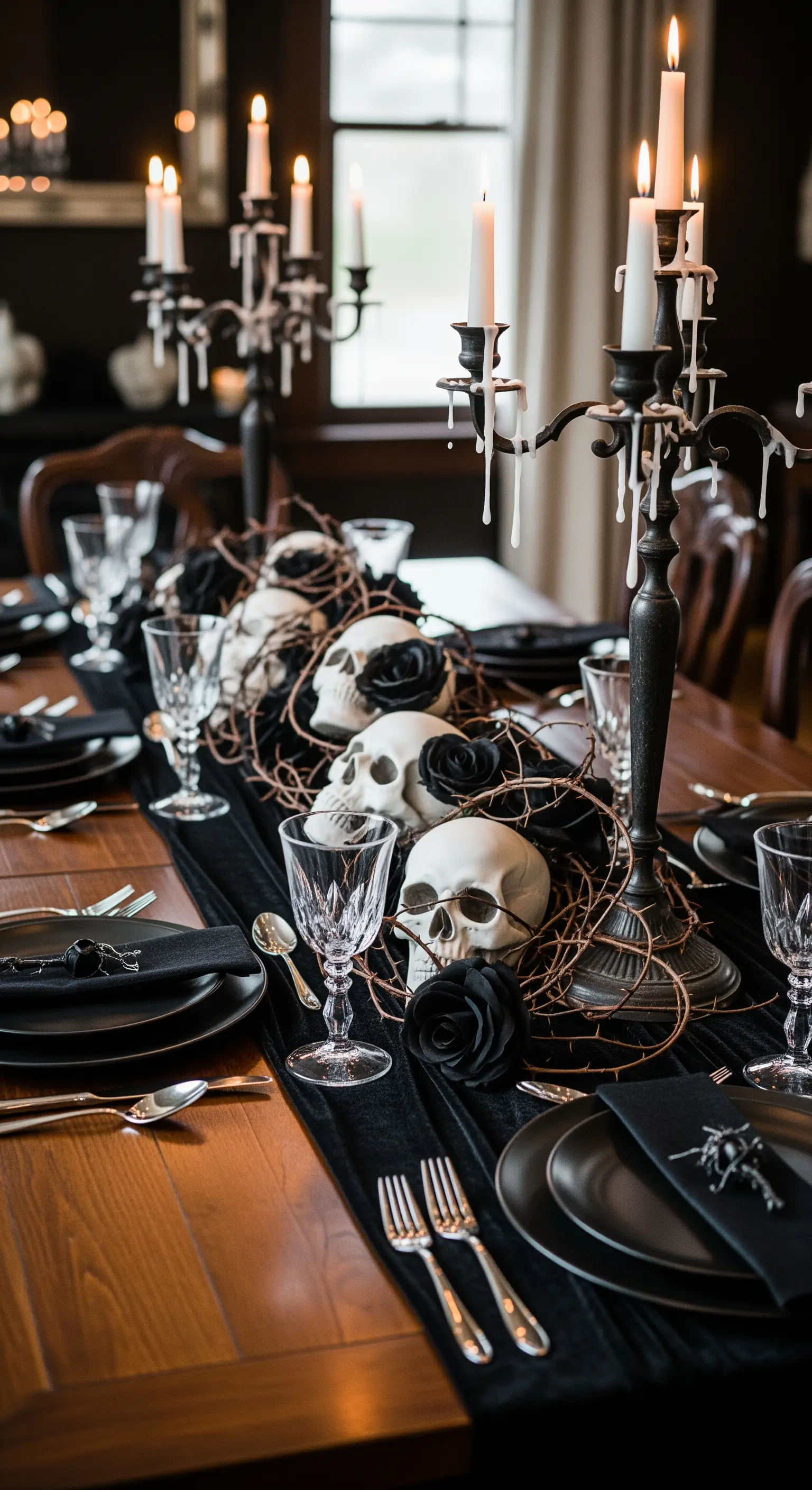 Tavola di Halloween con candelabri, teschi bianchi e rose nere su un runner di velluto.