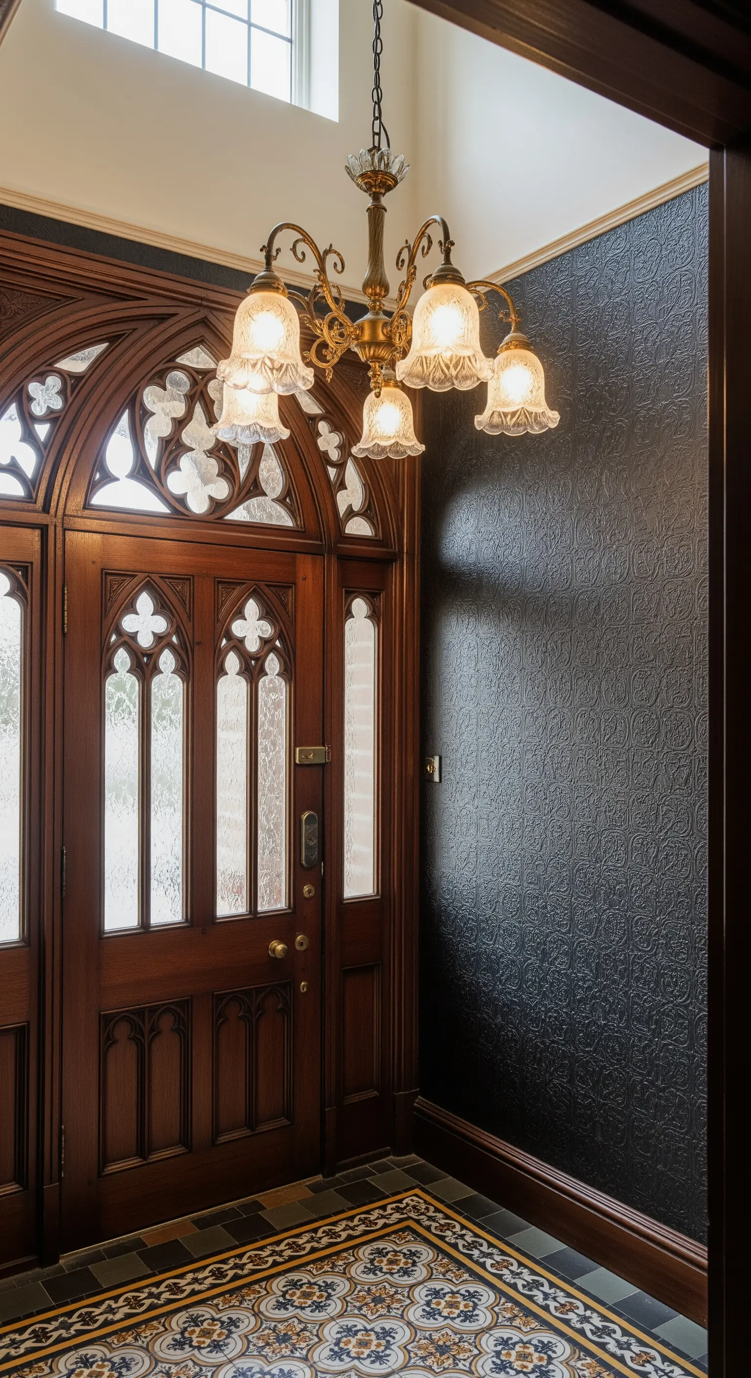 Porta in stile gotico vittoriano con vetri decorati e una parete nera con carta da parati damascata.