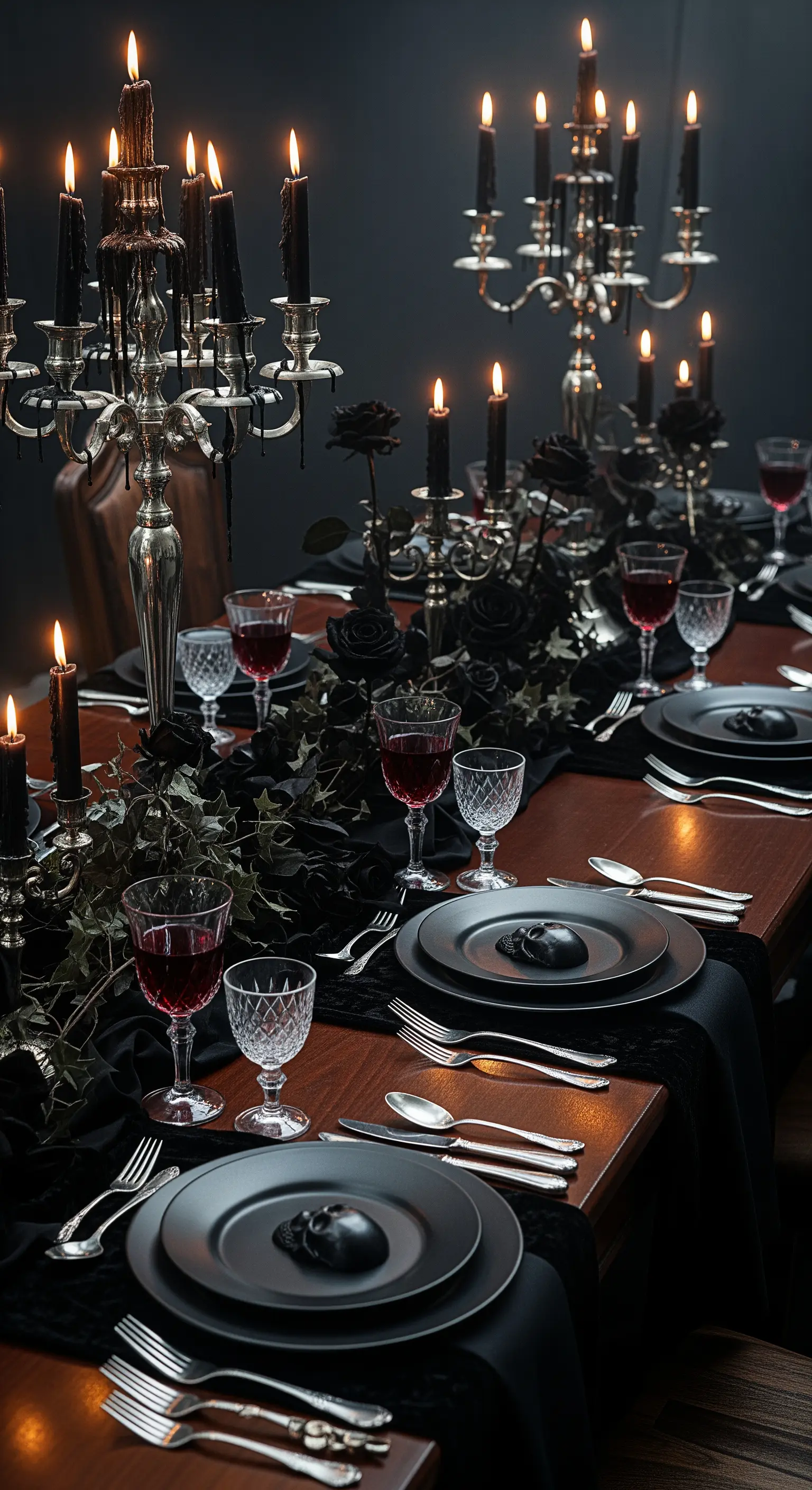 Tavola gotica con candelabri d'argento, candele nere e piatti opachi con teschi.