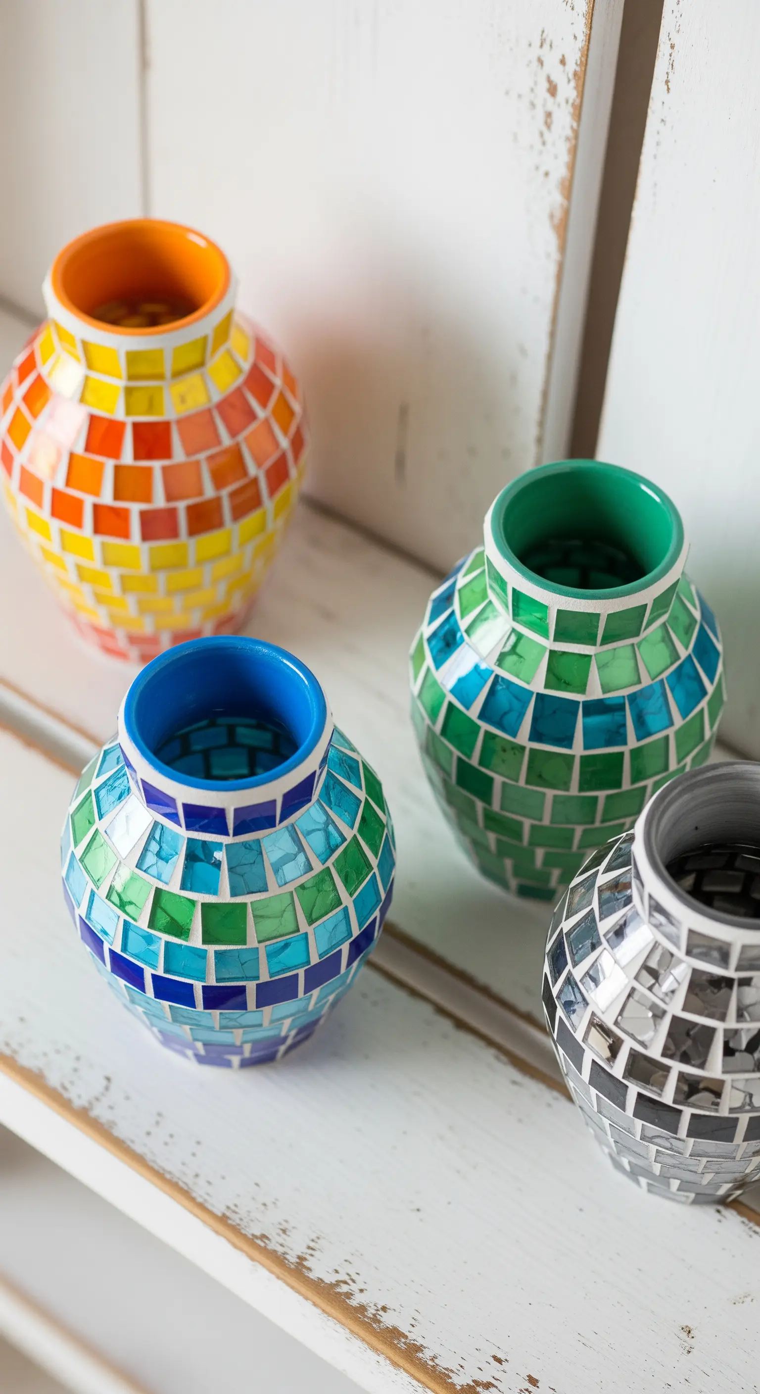 Quattro piccoli vasi a mosaico, ciascuno con una gradazione di colore diversa: arancione, verde, blu e grigio.
