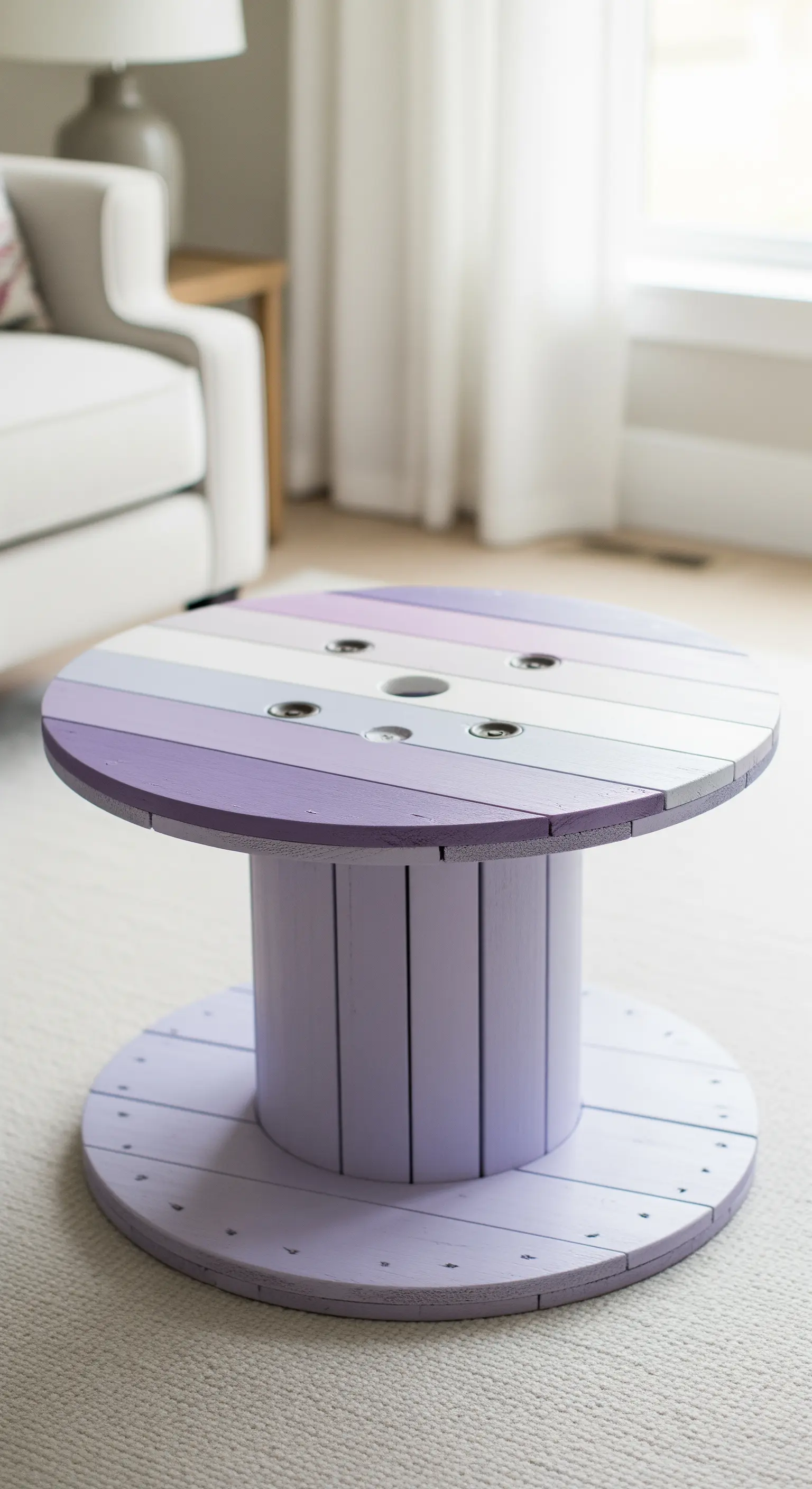 Tavolino rotondo dipinto con strisce orizzontali in diverse sfumature di viola, dal chiaro allo scuro.