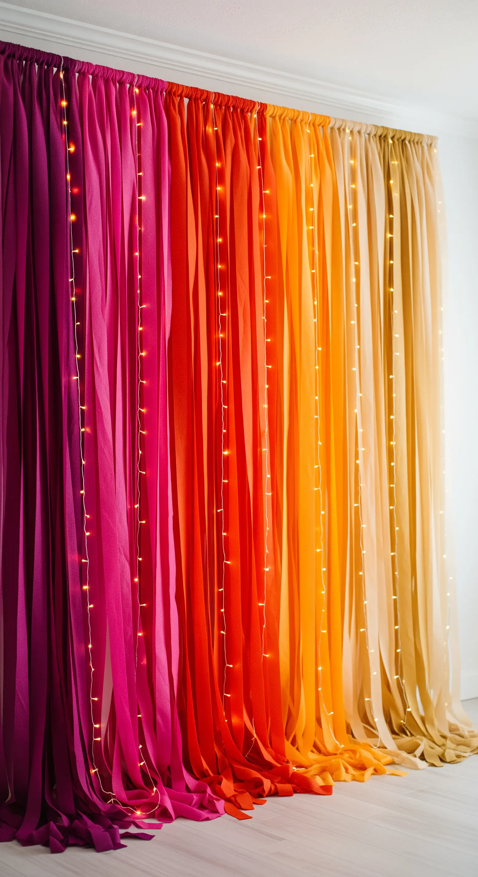 Tenda di carta crespa in gradiente dal fucsia all'oro, illuminata da lucine LED verticali.