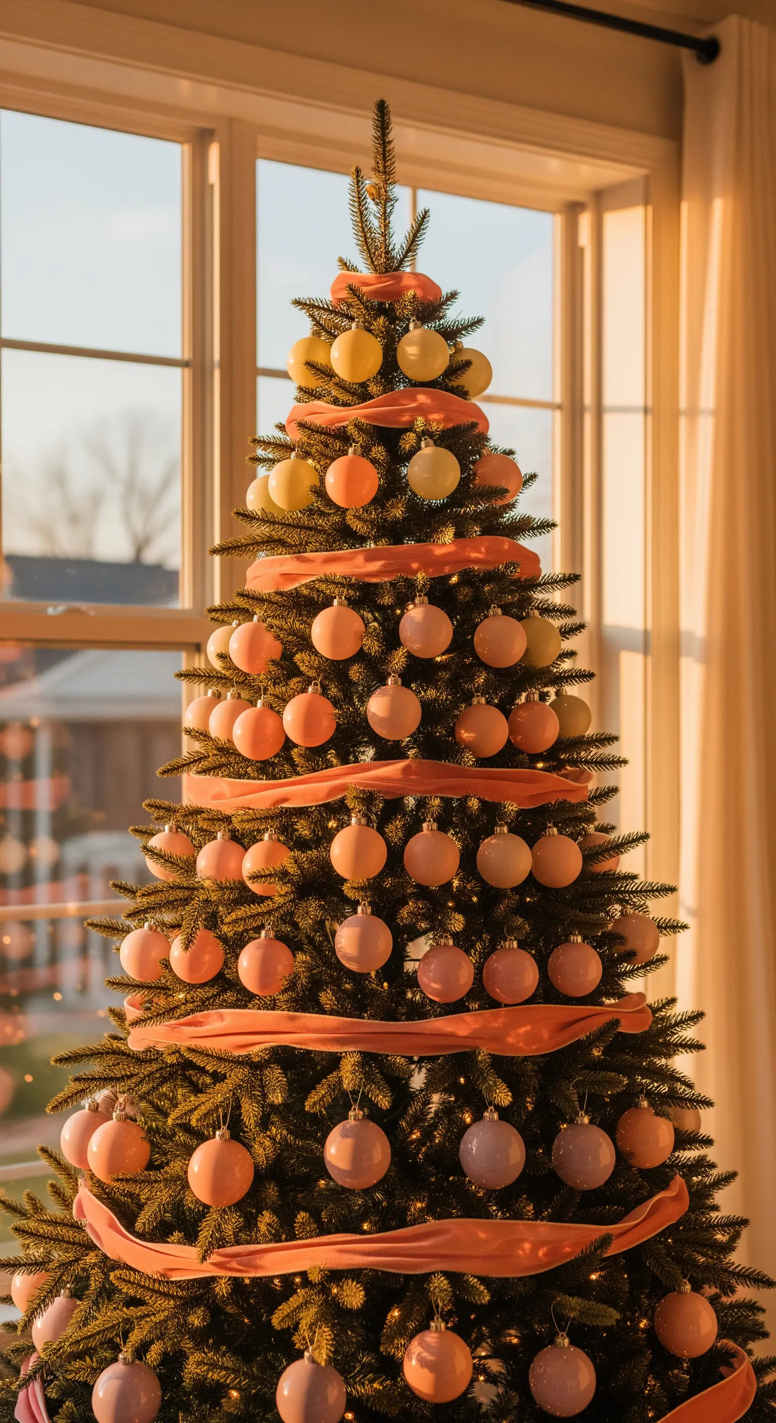 Albero di Natale con palline disposte in gradiente cromatico dal giallo al rosa