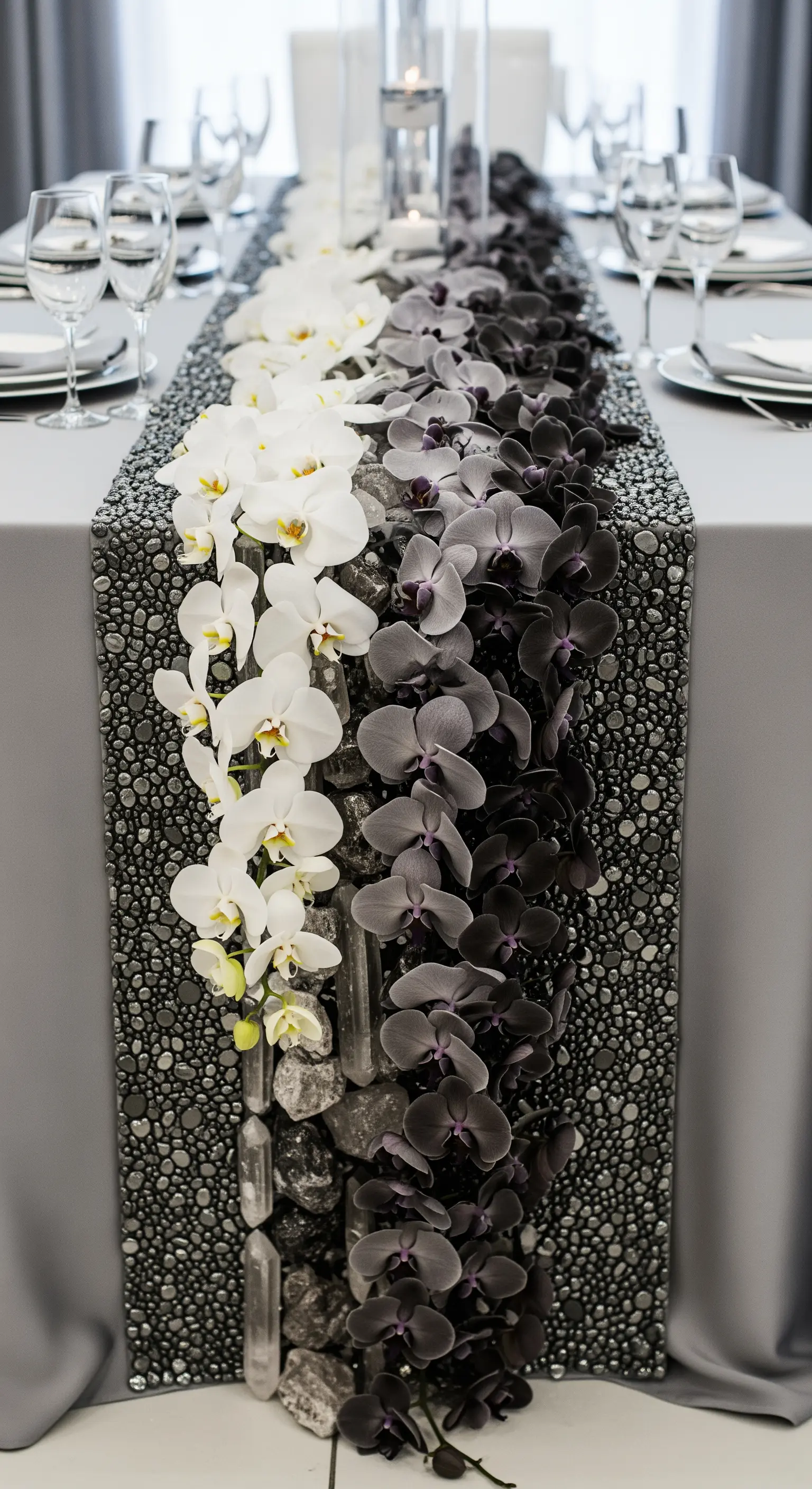 Runner di orchidee con effetto ombré dal bianco al nero su una base di pietre grigie.