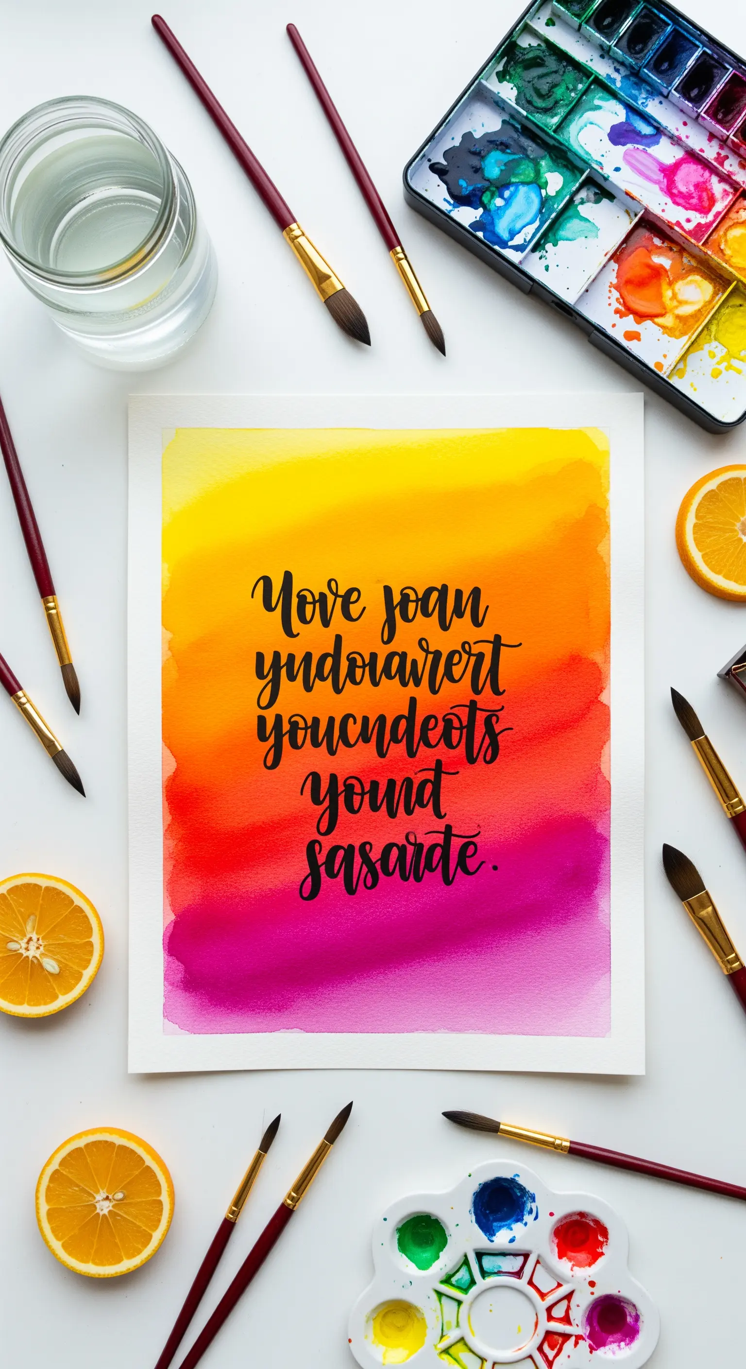 Foglio con acquerello sfumato dal giallo al magenta, circondato da pennelli e tavolozze di colori.