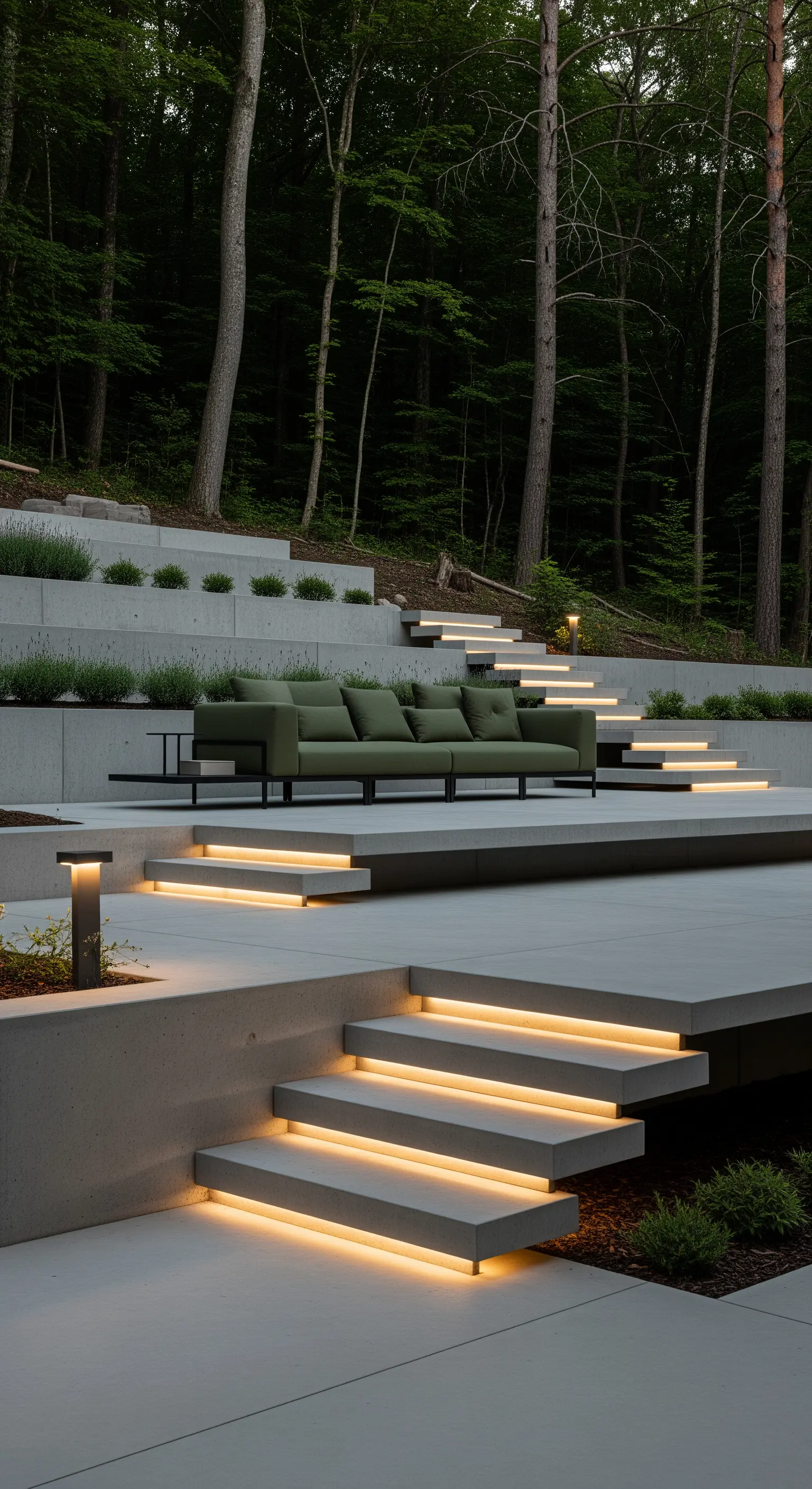 Patio a più livelli in cemento con gradini illuminati da strisce LED e un divano verde oliva