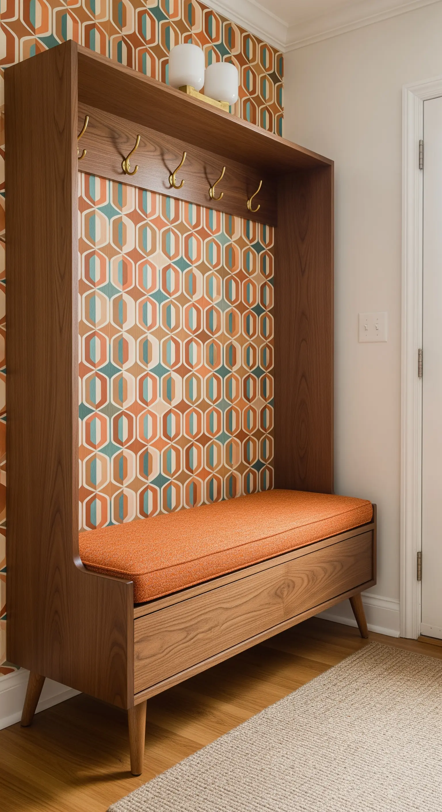 Ingresso in legno di noce con carta da parati geometrica e cuscino arancione.