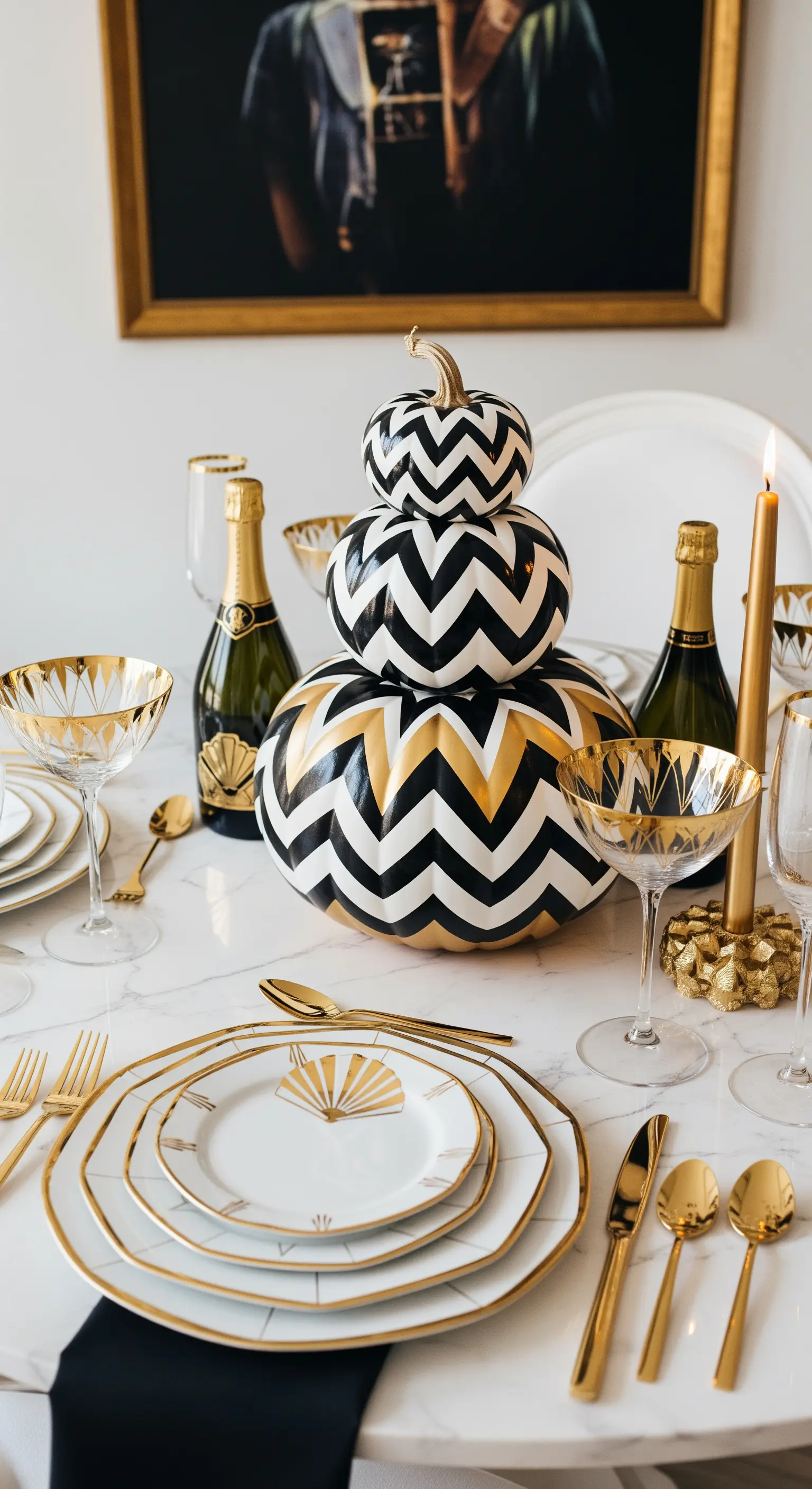Zucche impilate e dipinte con motivi chevron Art Déco in bianco, nero e oro.