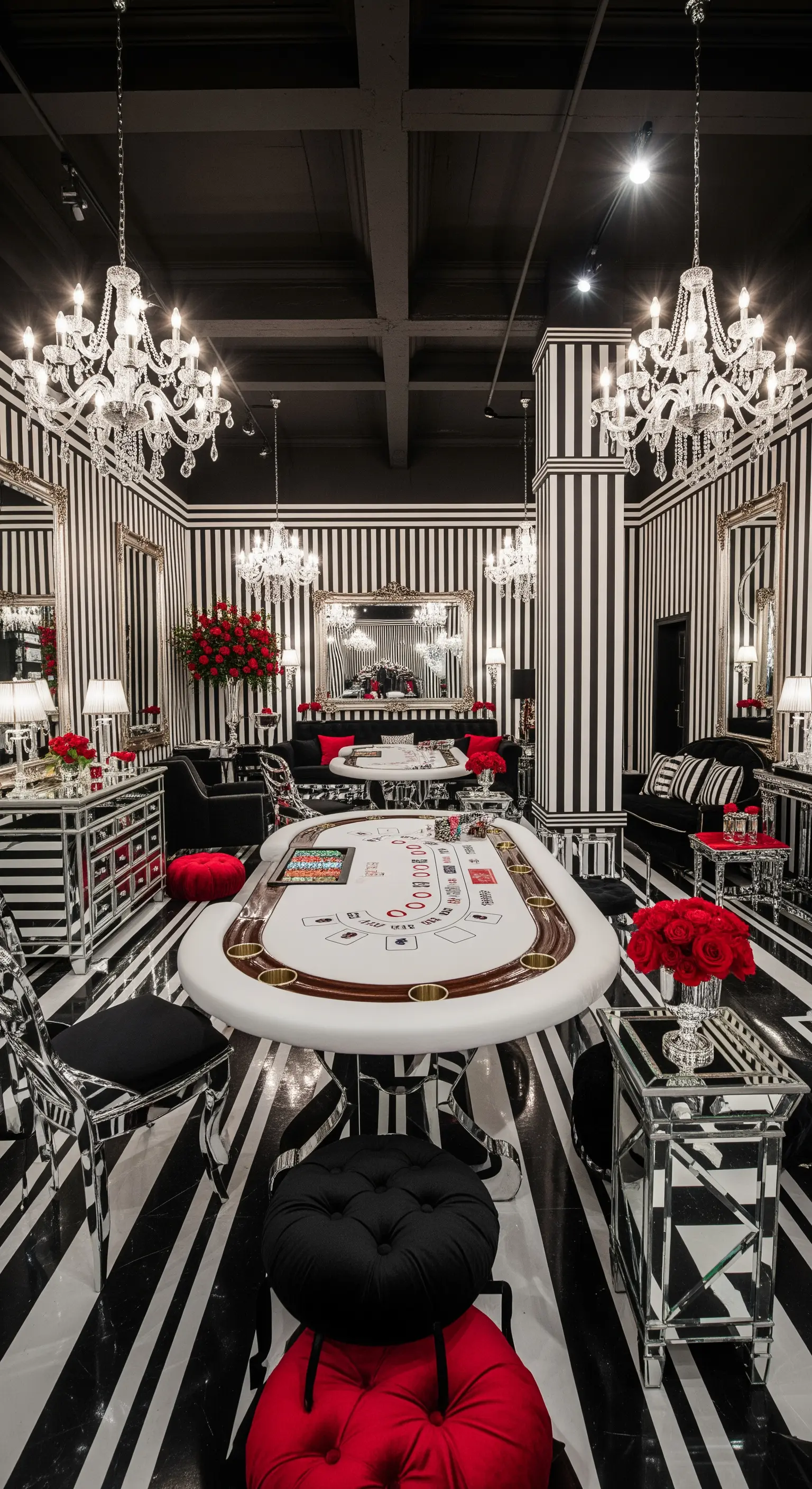 Stanza da gioco di lusso con pareti e pavimento a righe bianche e nere e accenti rossi.