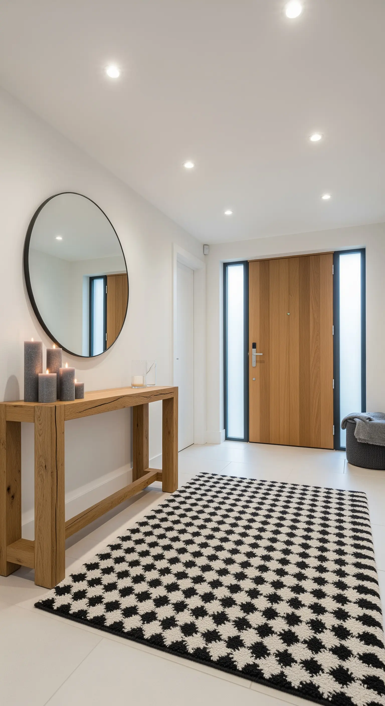 Ingresso moderno con tappeto geometrico bianco e nero, consolle in legno e specchio rotondo.