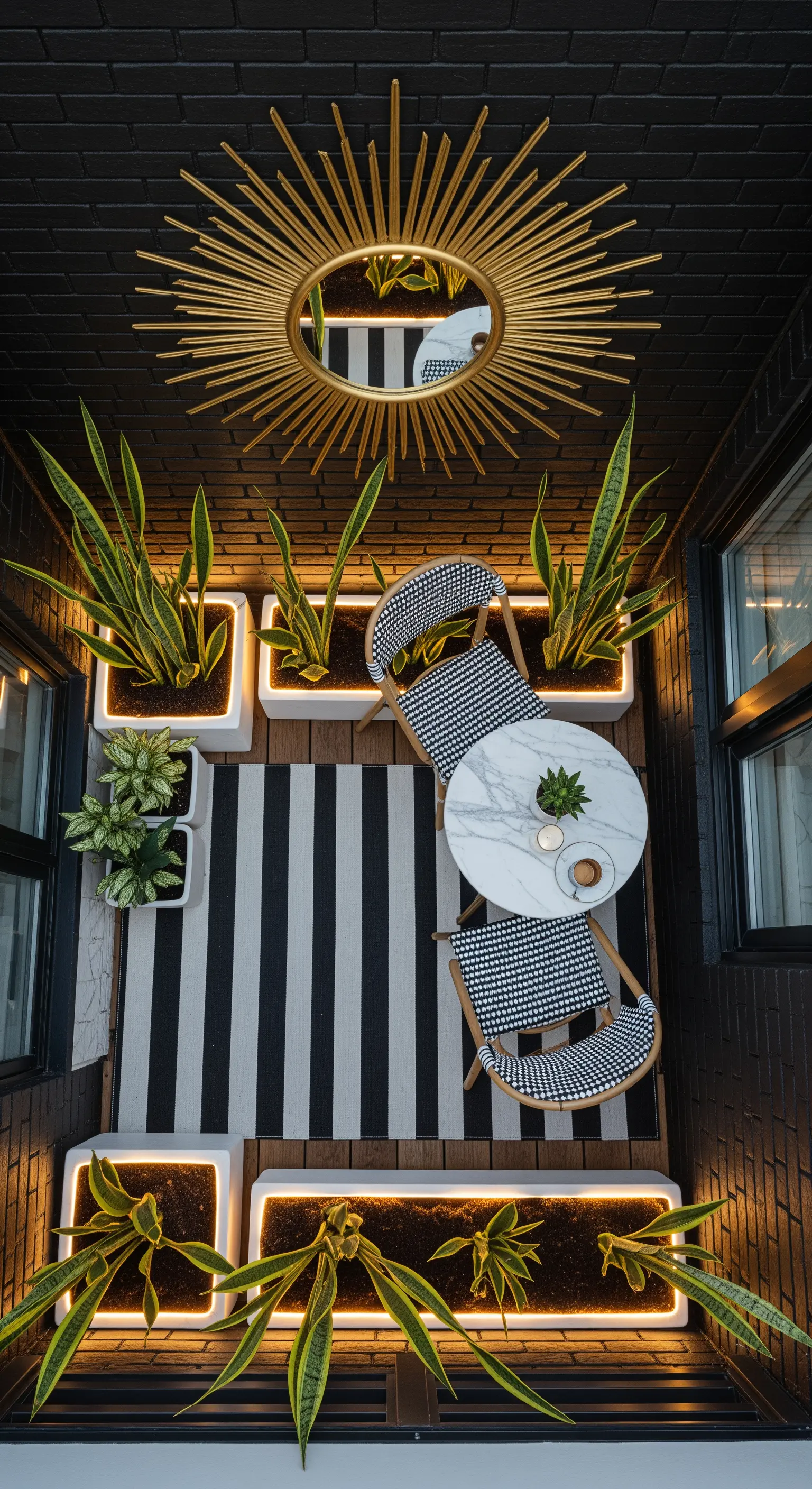 Balcone con specchio a raggiera dorato, fioriere illuminate dal basso e arredi bianchi e neri.