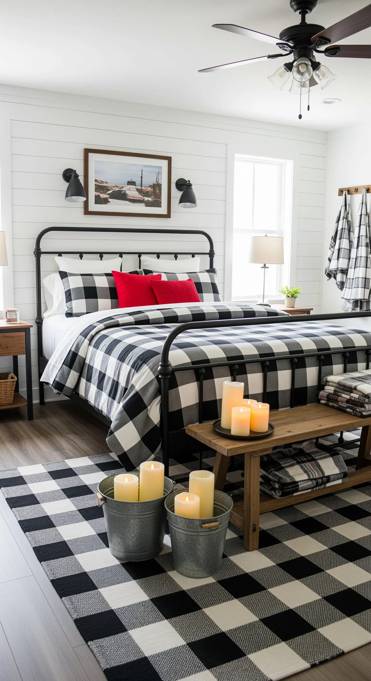 Camera in stile farmhouse con motivo a quadri bianco e nero su tappeto e letto, con cuscini rossi.