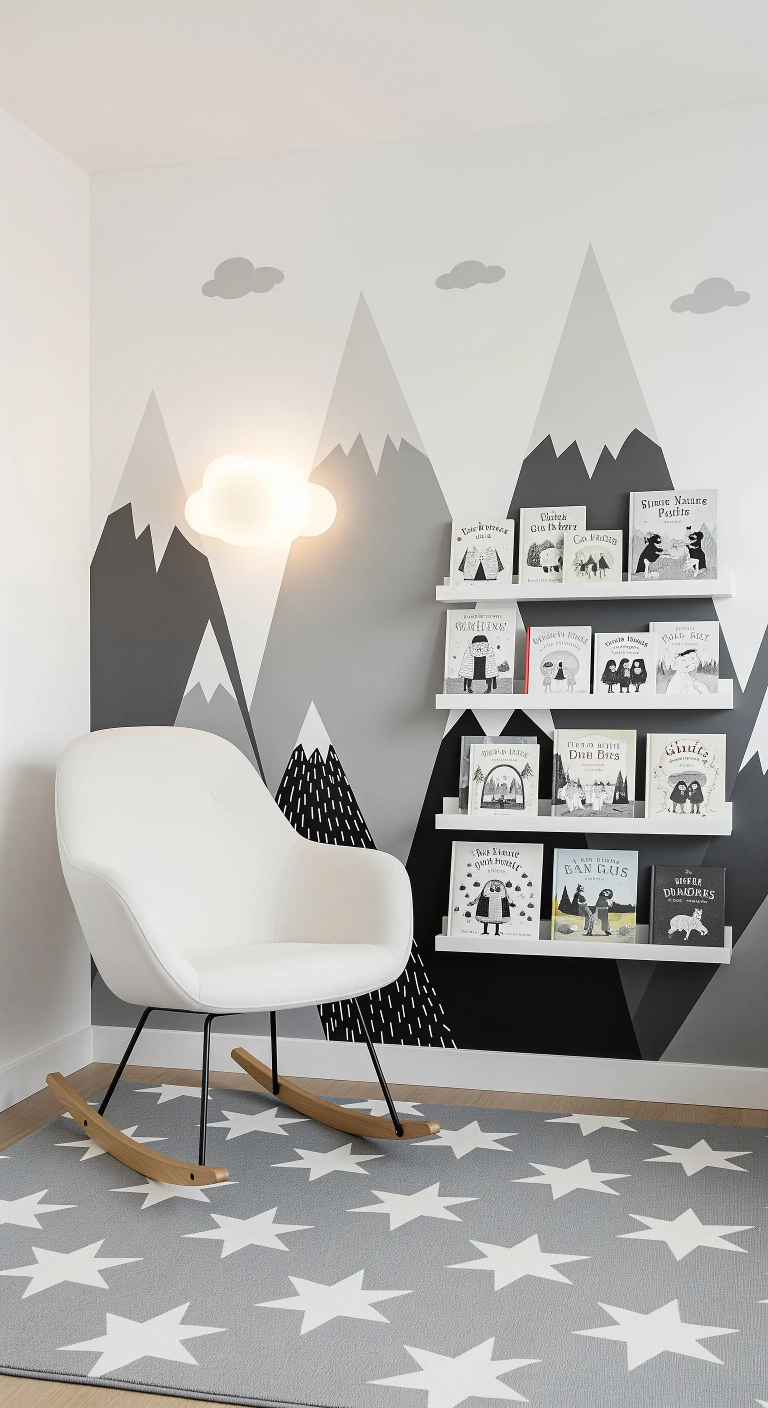 Cameretta con murale di montagne, sedia a dondolo bianca e tappeto a stelle.