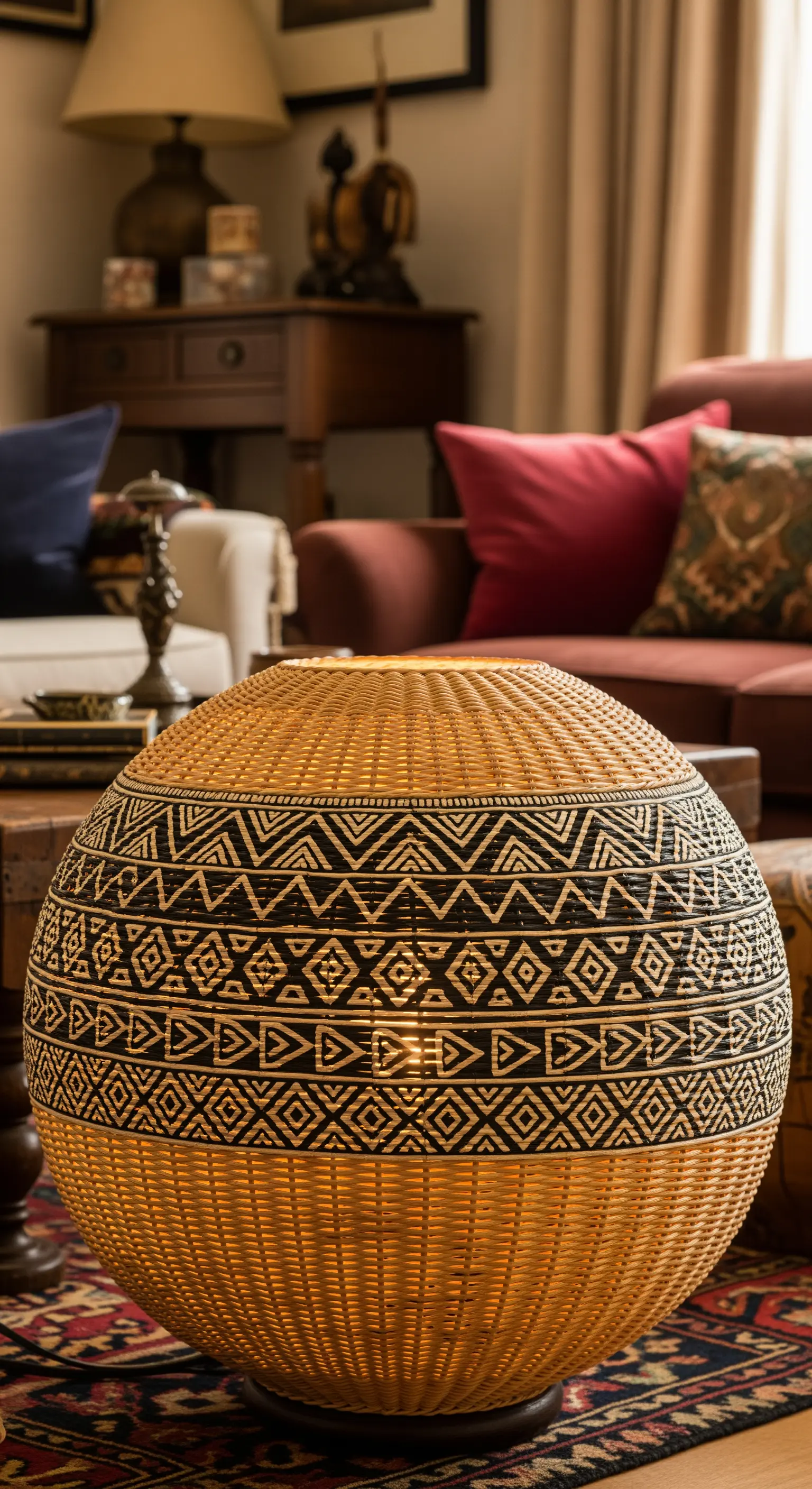 Grande lampada sferica in vimini con motivi geometrici neri in un salotto.