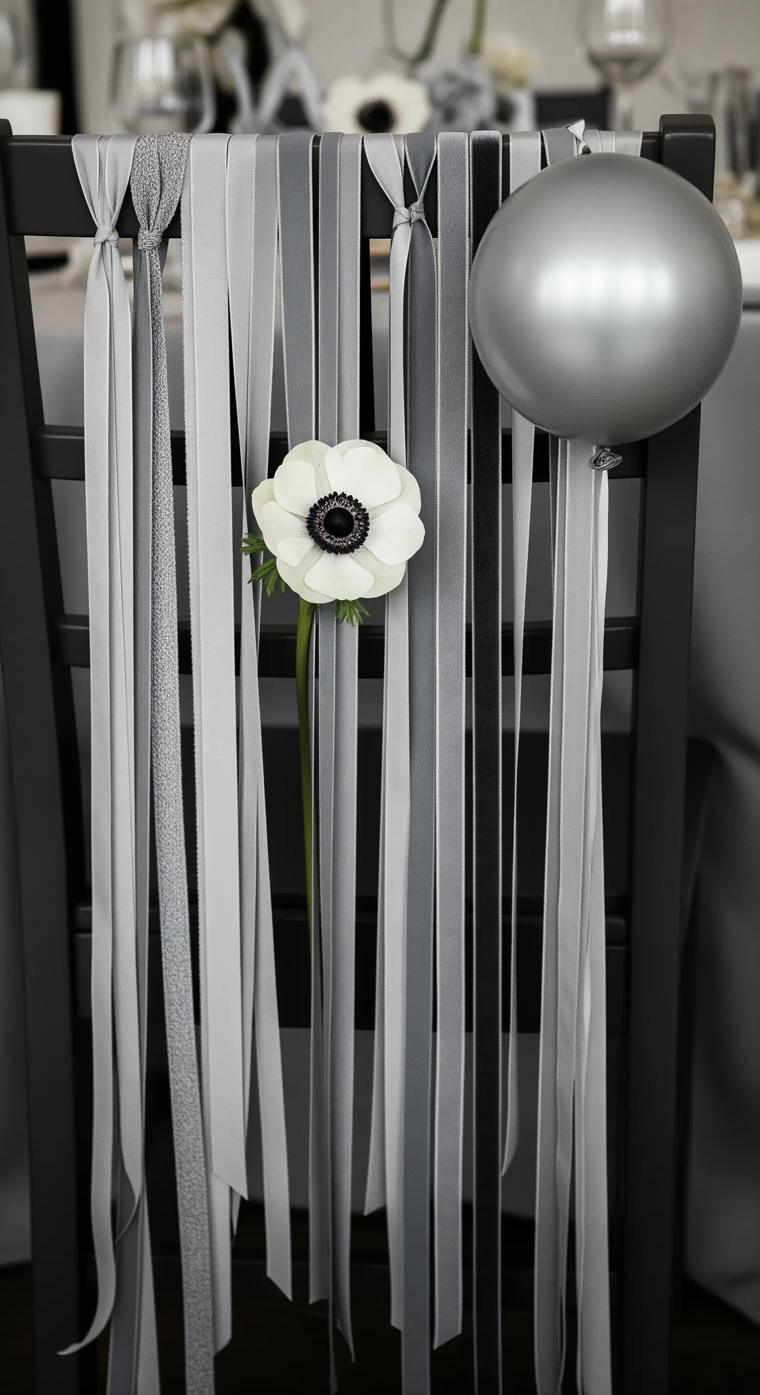 Sedia nera decorata con nastri verticali grigi e bianchi e un'anemone bianca.