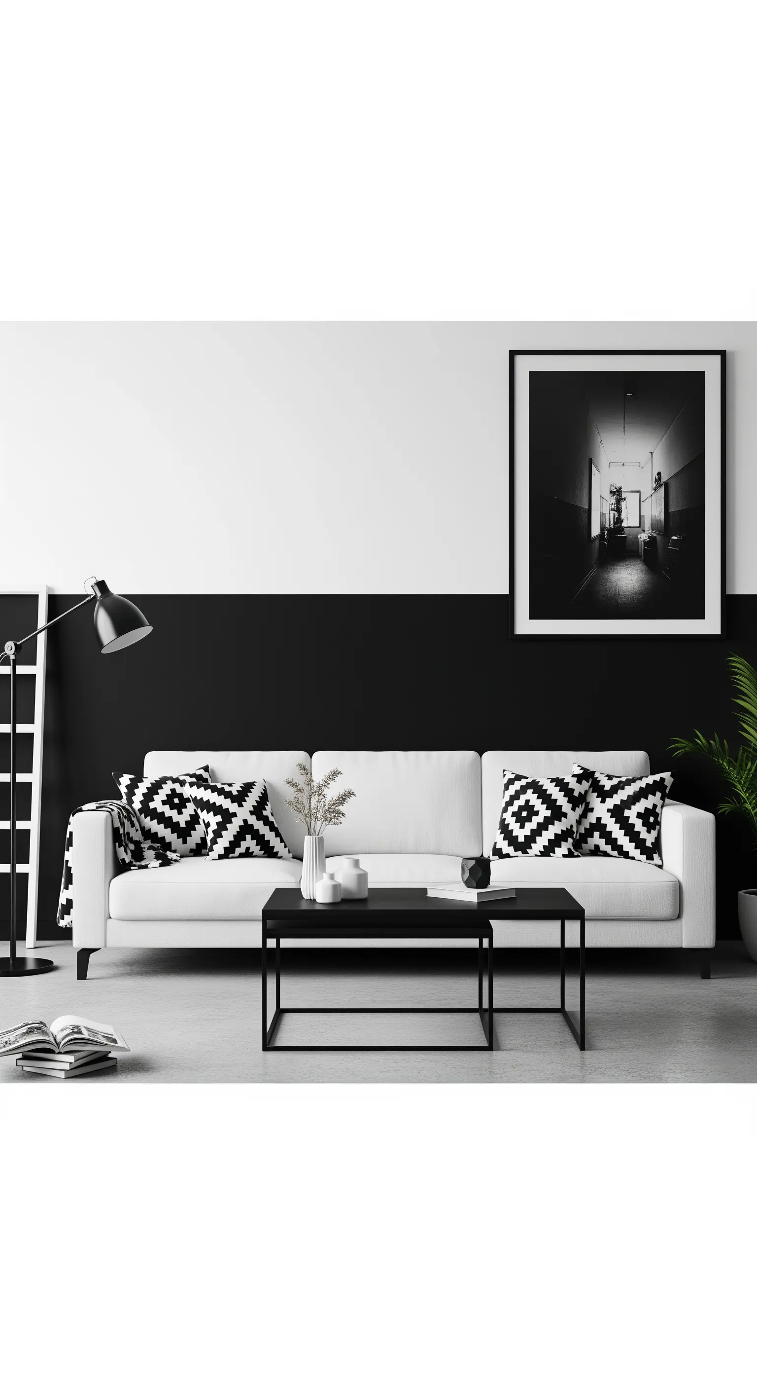 Salotto in bianco e nero con mezza parete nera e divano bianco con cuscini geometrici.