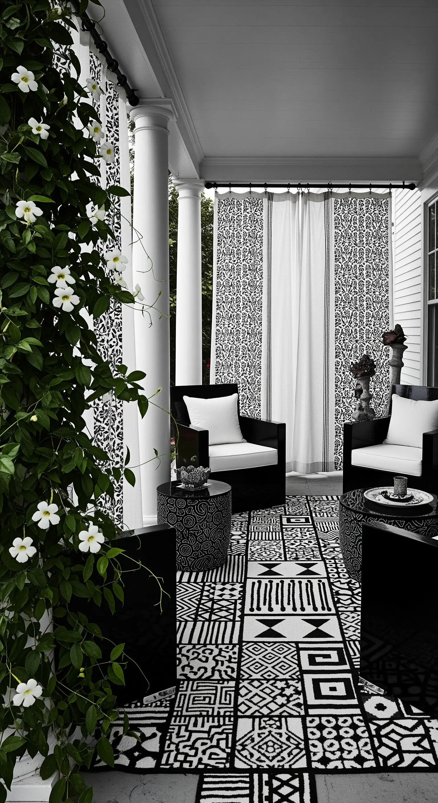 Portico in bianco e nero con arredi laccati, tappeto e tessuti a motivi geometrici etnici.