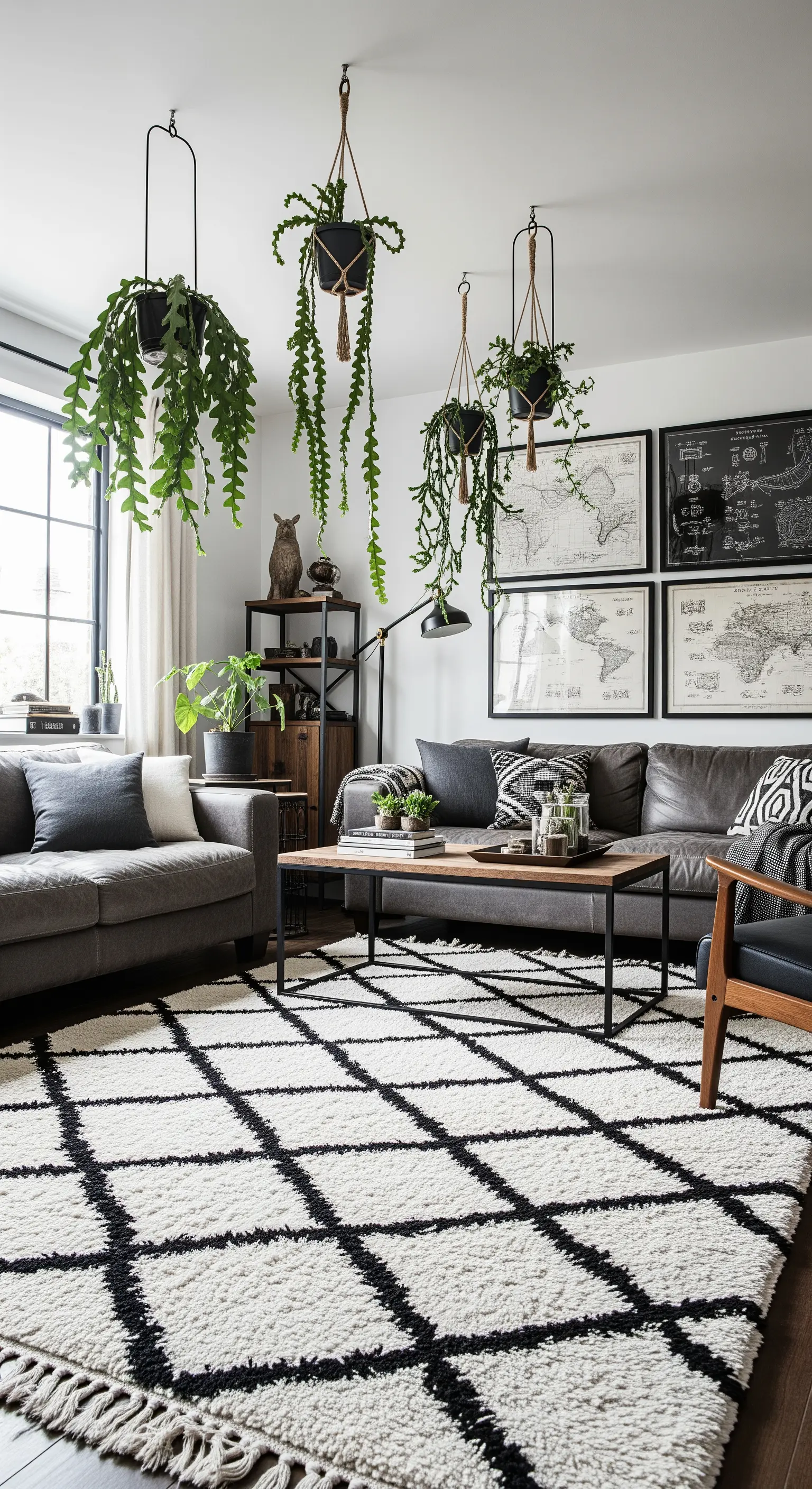 Salotto con tappeto a rombi bianco e nero, divano grigio e piante sospese a supporti metallici neri.