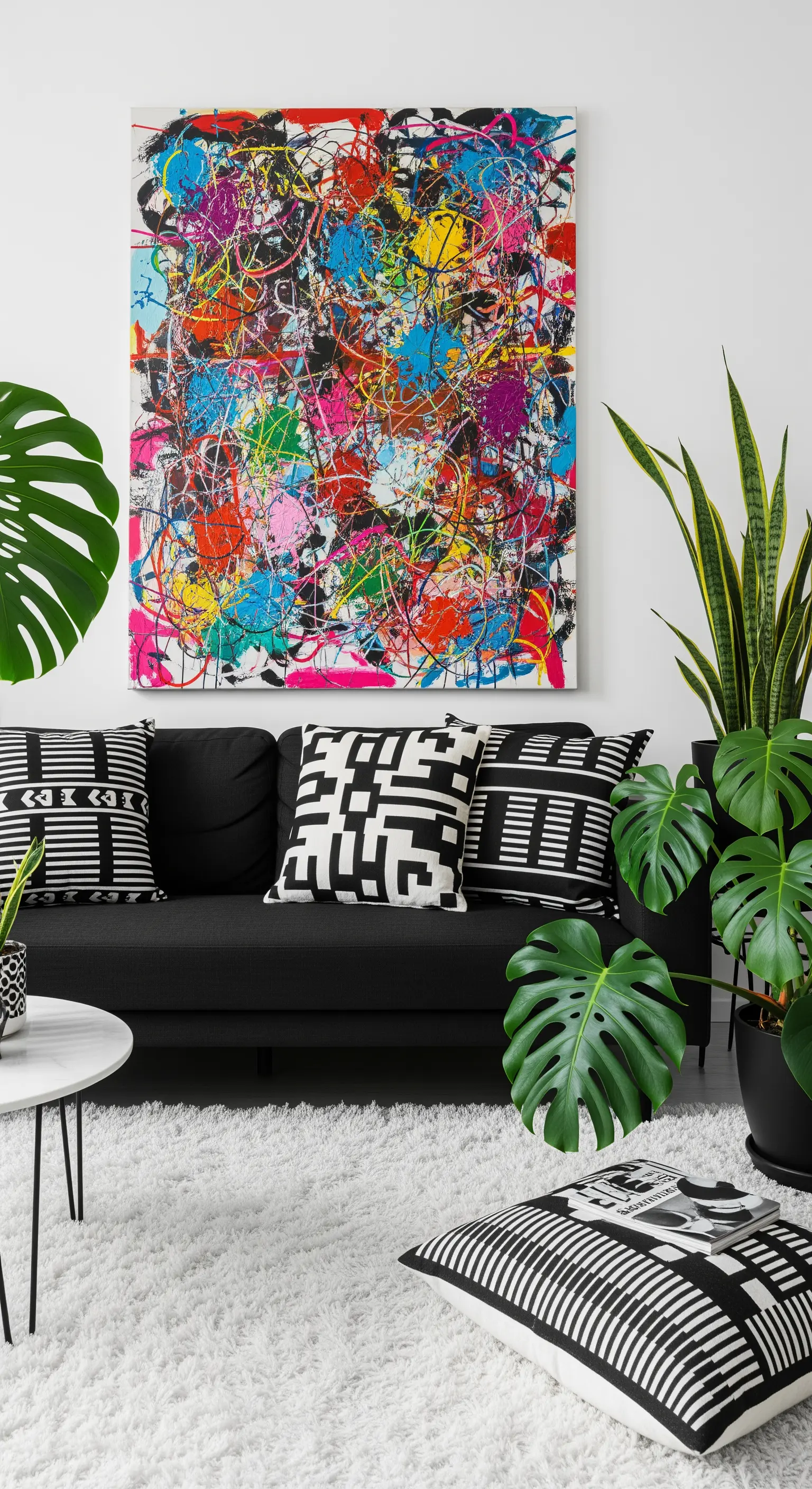 Divano nero con cuscini geometrici bianchi e neri e un quadro astratto e coloratissimo.