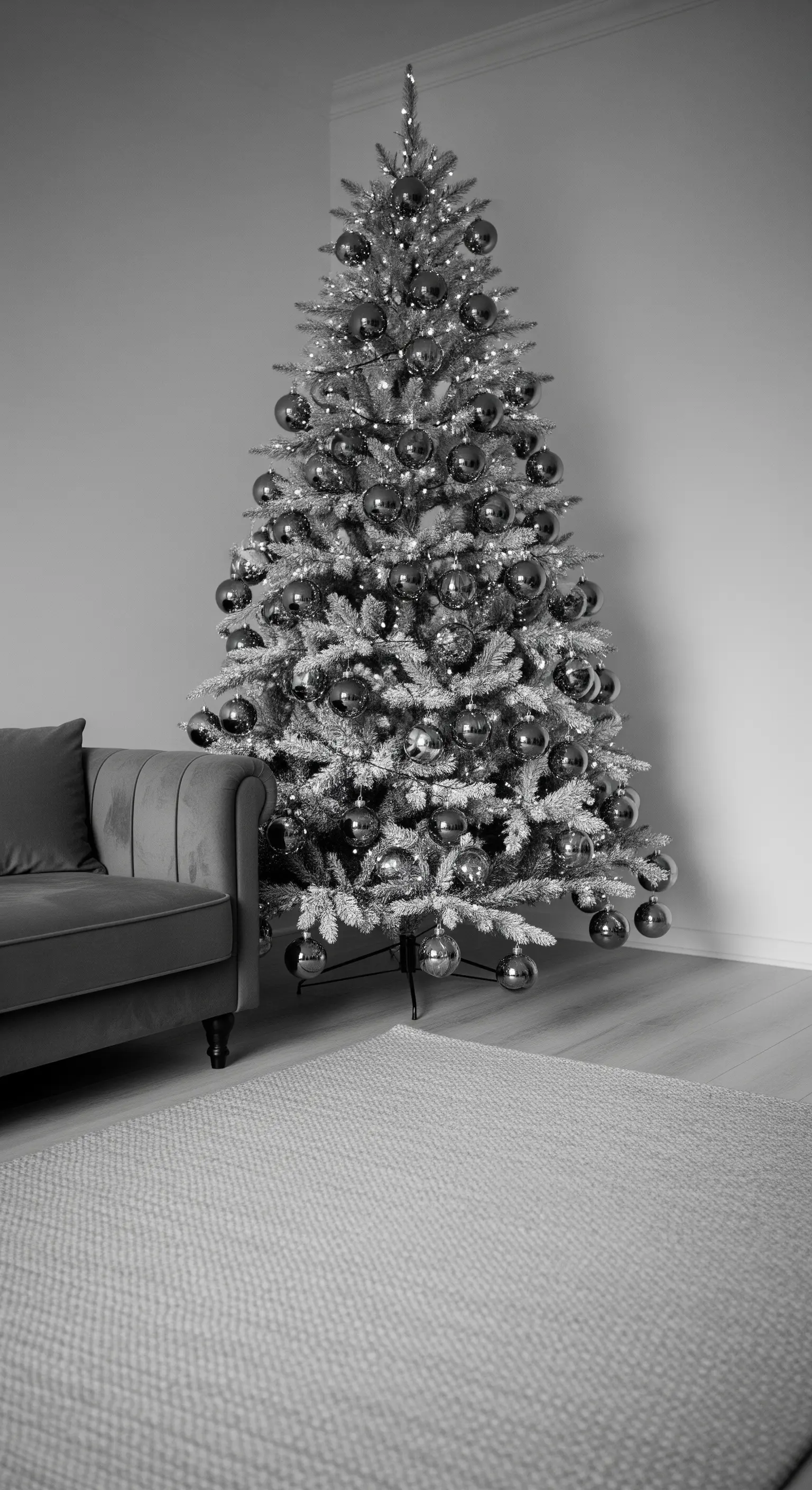 Foto in bianco e nero di un albero di Natale carico di palline lucide e luci