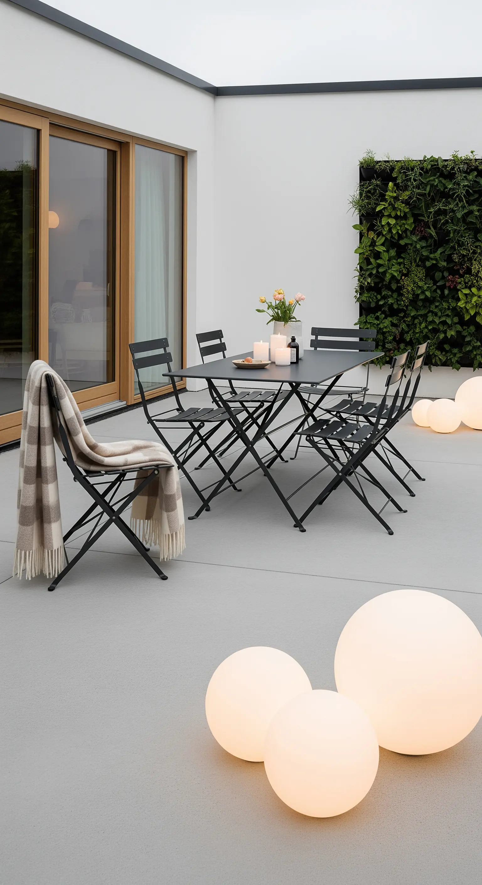 Patio minimalista con arredi pieghevoli in metallo nero e grandi lampade sferiche luminose.
