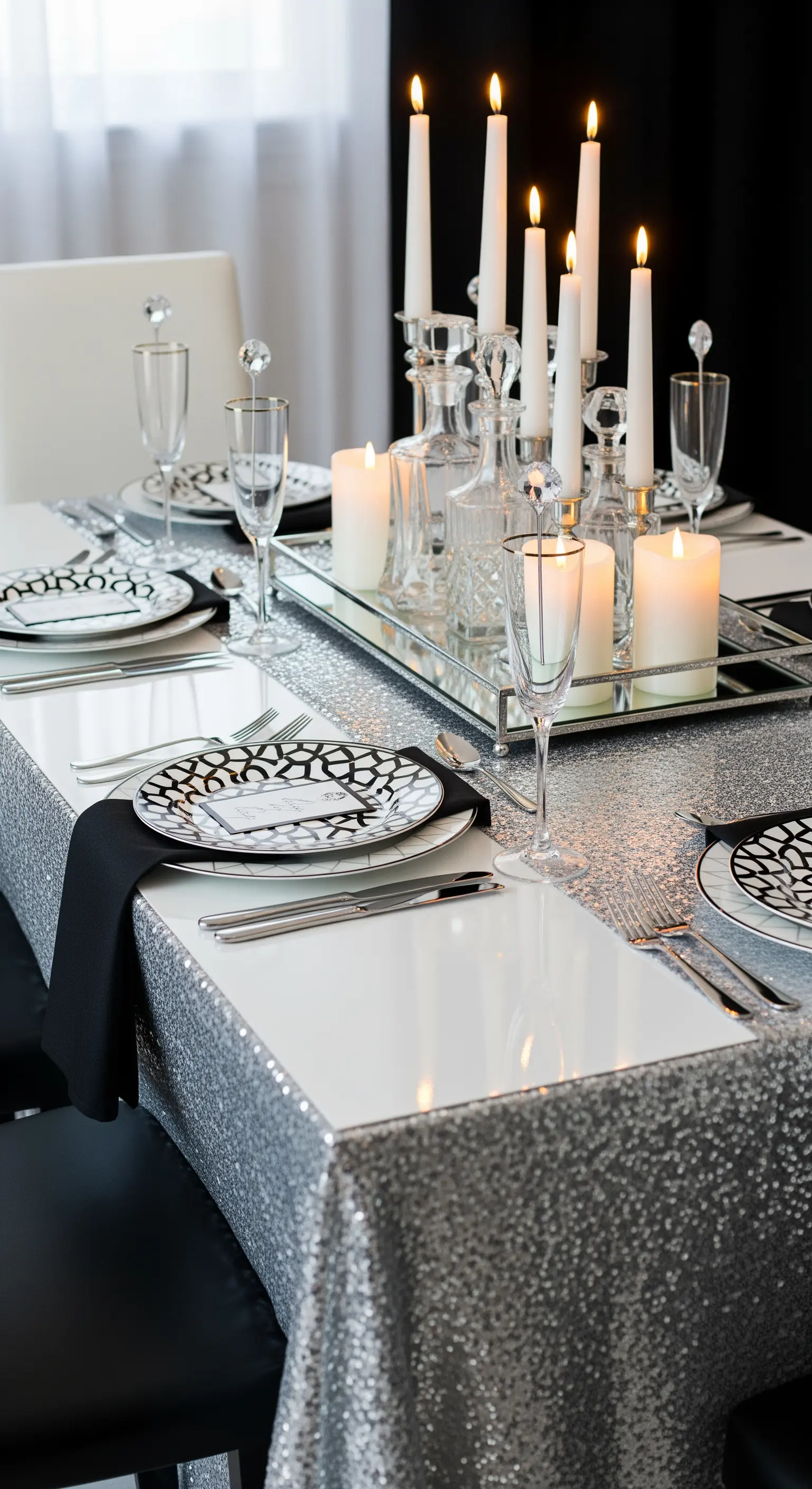 Tavola moderna in bianco e nero con tovaglia di paillettes argentate e piatti con motivi geometrici.