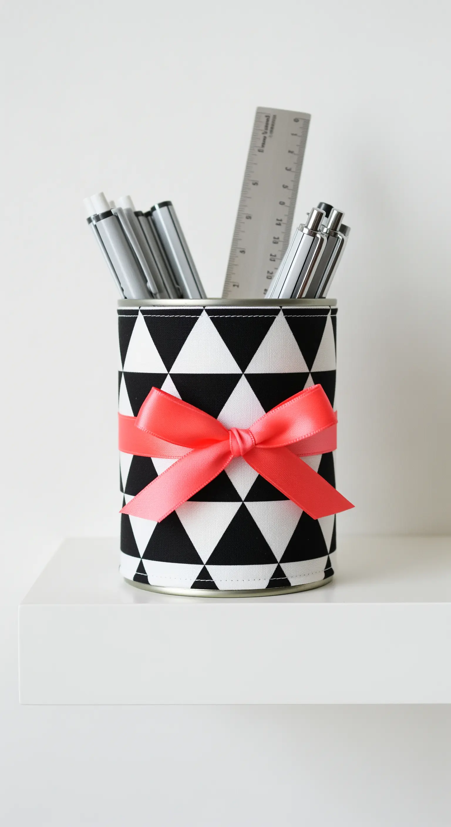 Portapenne con motivo a triangoli bianchi e neri e un fiocco color corallo.