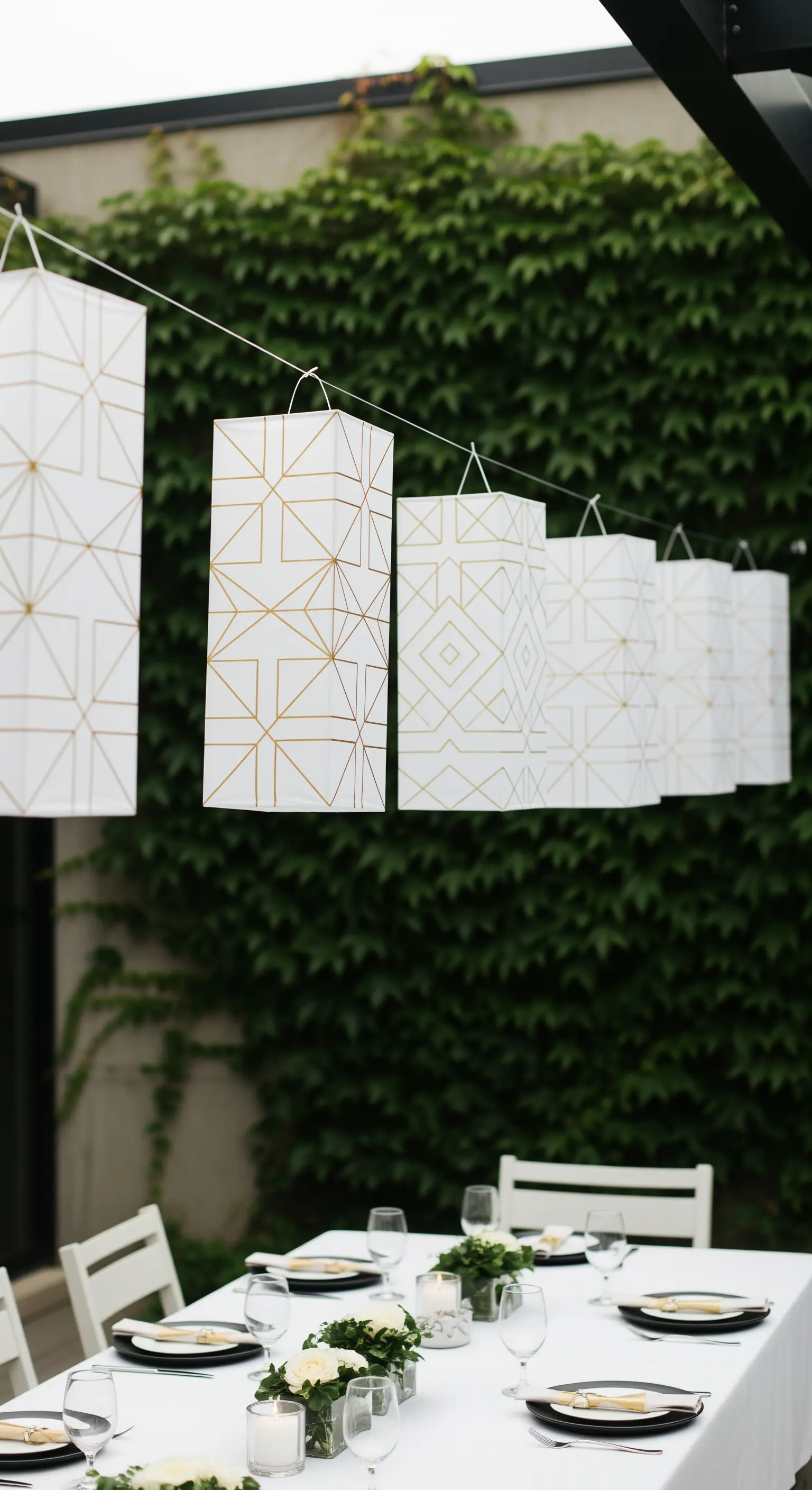 Lanterne rettangolari bianche con motivi geometrici dorati, appese sopra una tavola moderna.