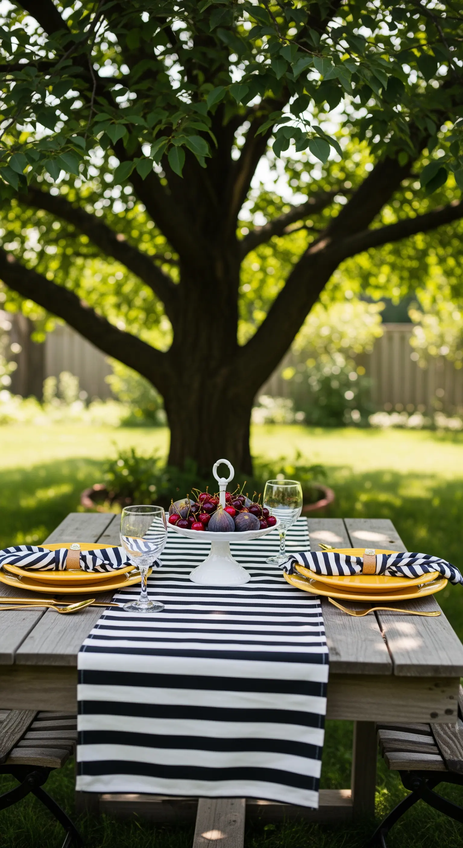 Tavolo in legno con runner a righe, piatti gialli e un'alzata con fichi freschi.