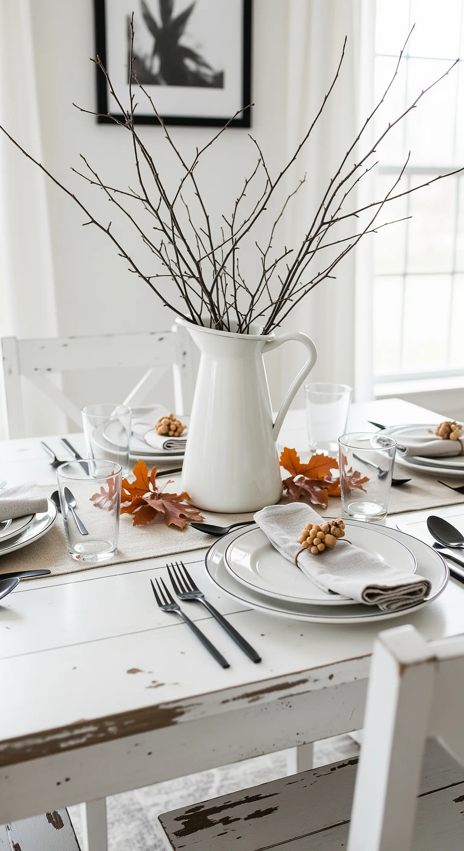 Centrotavola con rami secchi in una brocca bianca su tavolo decapato.