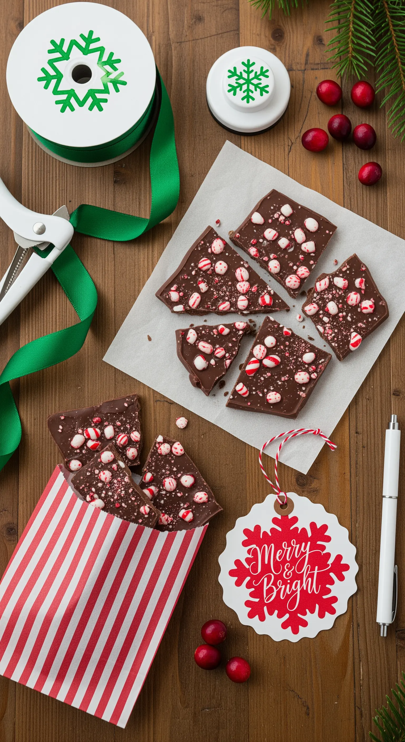 Cioccolato con menta piperita in un sacchetto a righe rosse e bianche per Natale.
