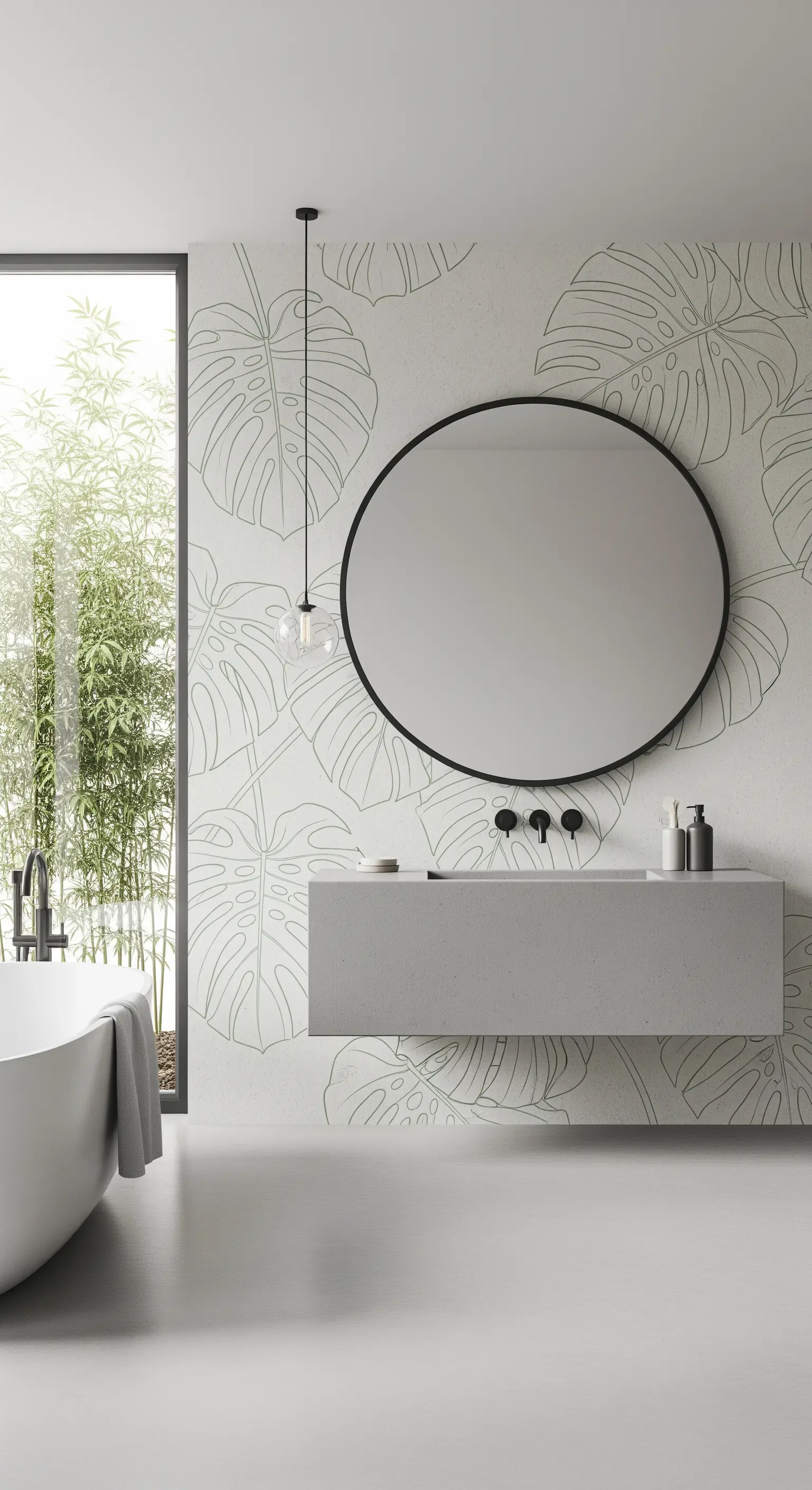 Bagno minimalista con carta da parati a foglie stilizzate, lavabo in cemento e specchio nero.