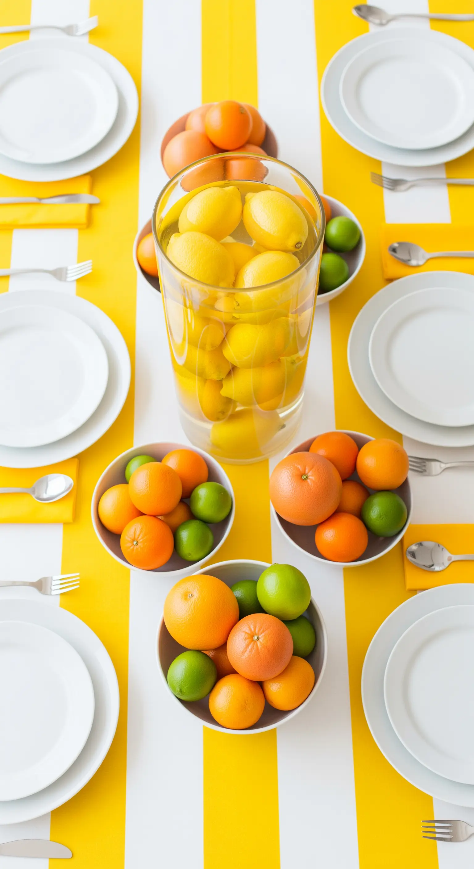 Vaso di vetro pieno di limoni su un runner a righe gialle e bianche.