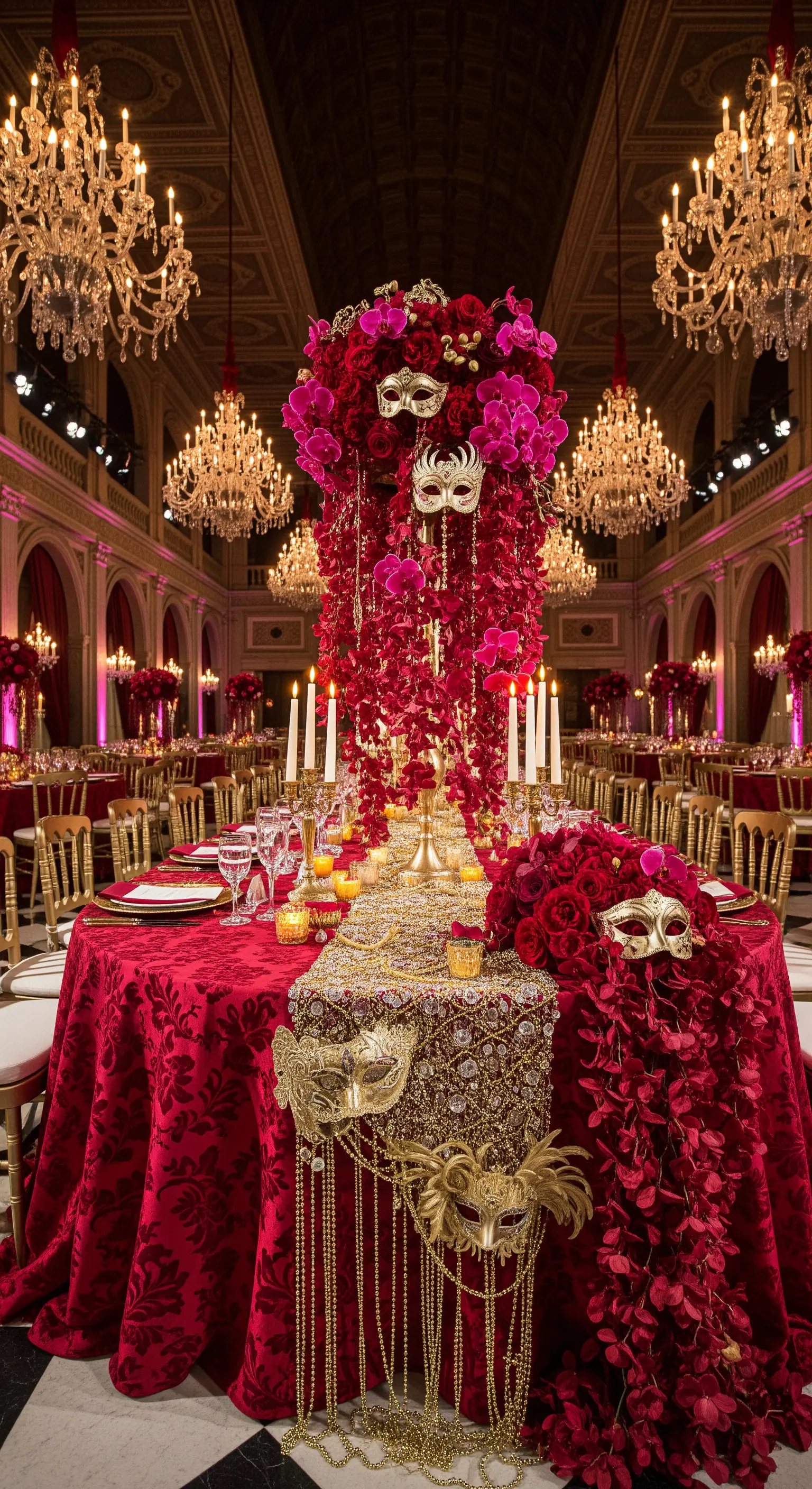 Tavolo a tema ballo in maschera con maschere veneziane, runner dorato e fiori rossi.