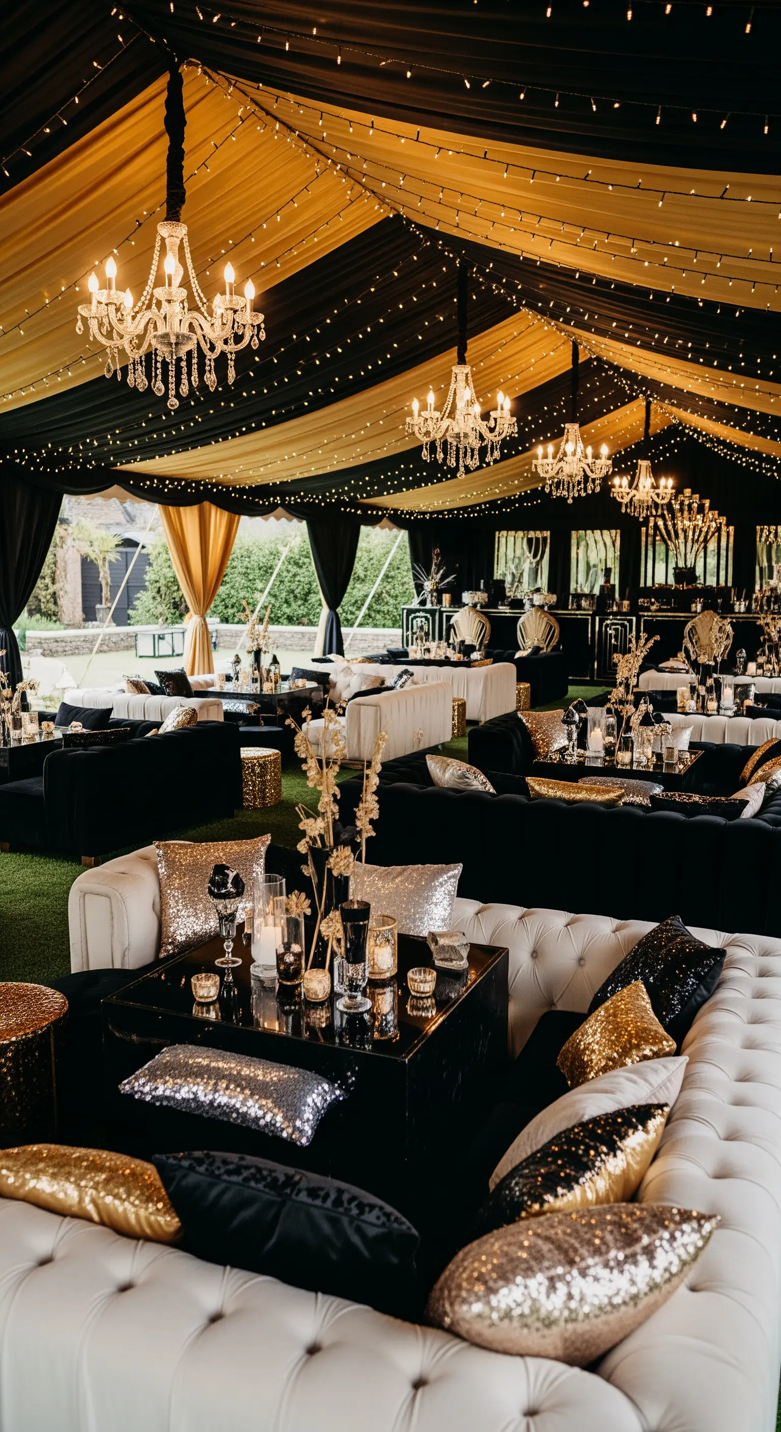 Interno di un tendone di lusso con divani chesterfield, lampadari di cristallo e cuscini dorati.