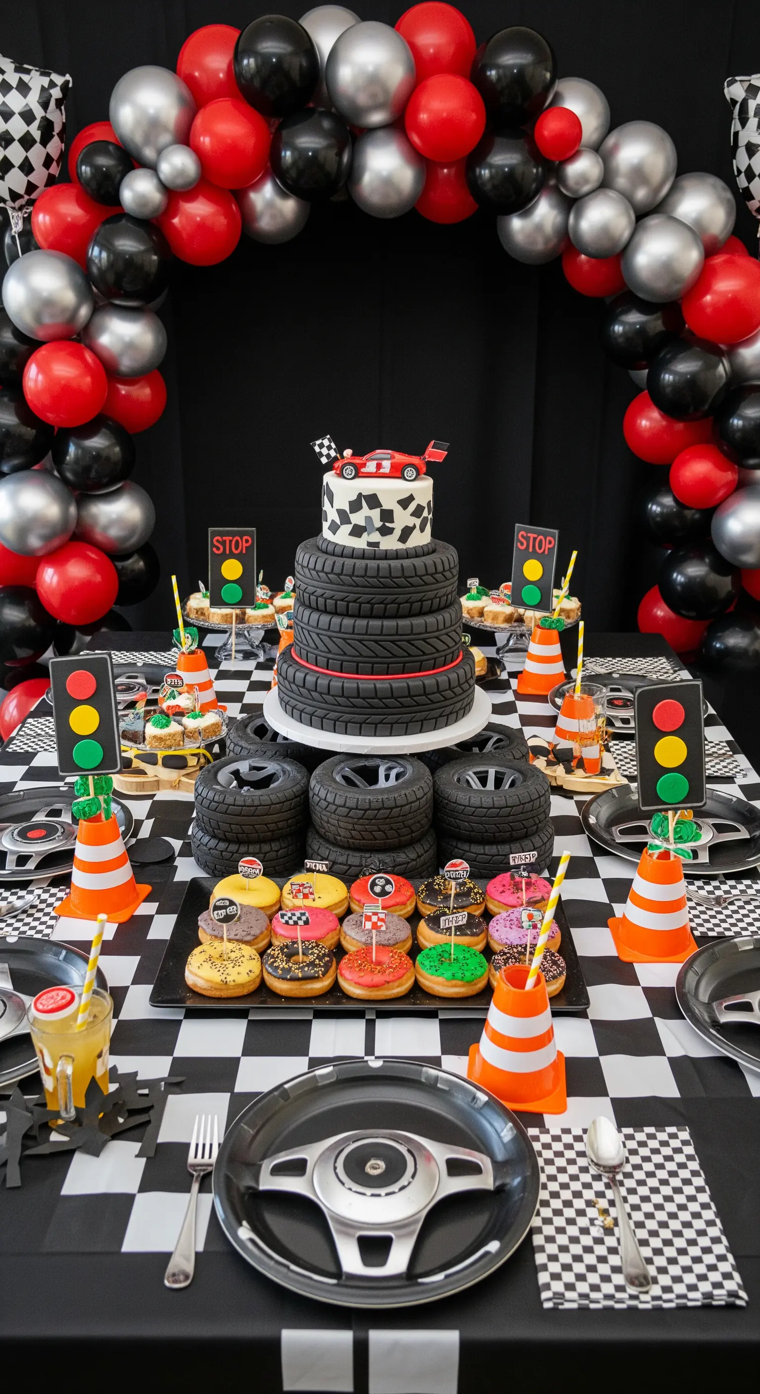 Festa a tema corse automobilistiche con torta a forma di pneumatici e decorazioni a scacchi.