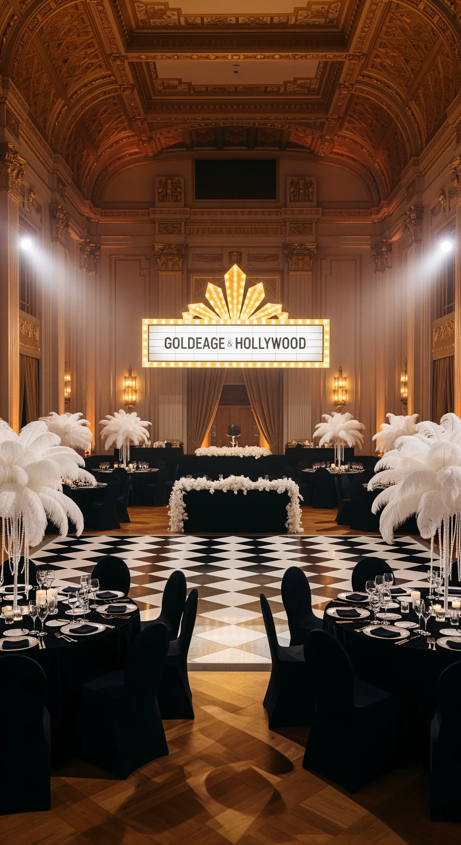 Sala da ballo in stile Art Déco allestita per un matrimonio a tema Hollywood con insegna luminosa