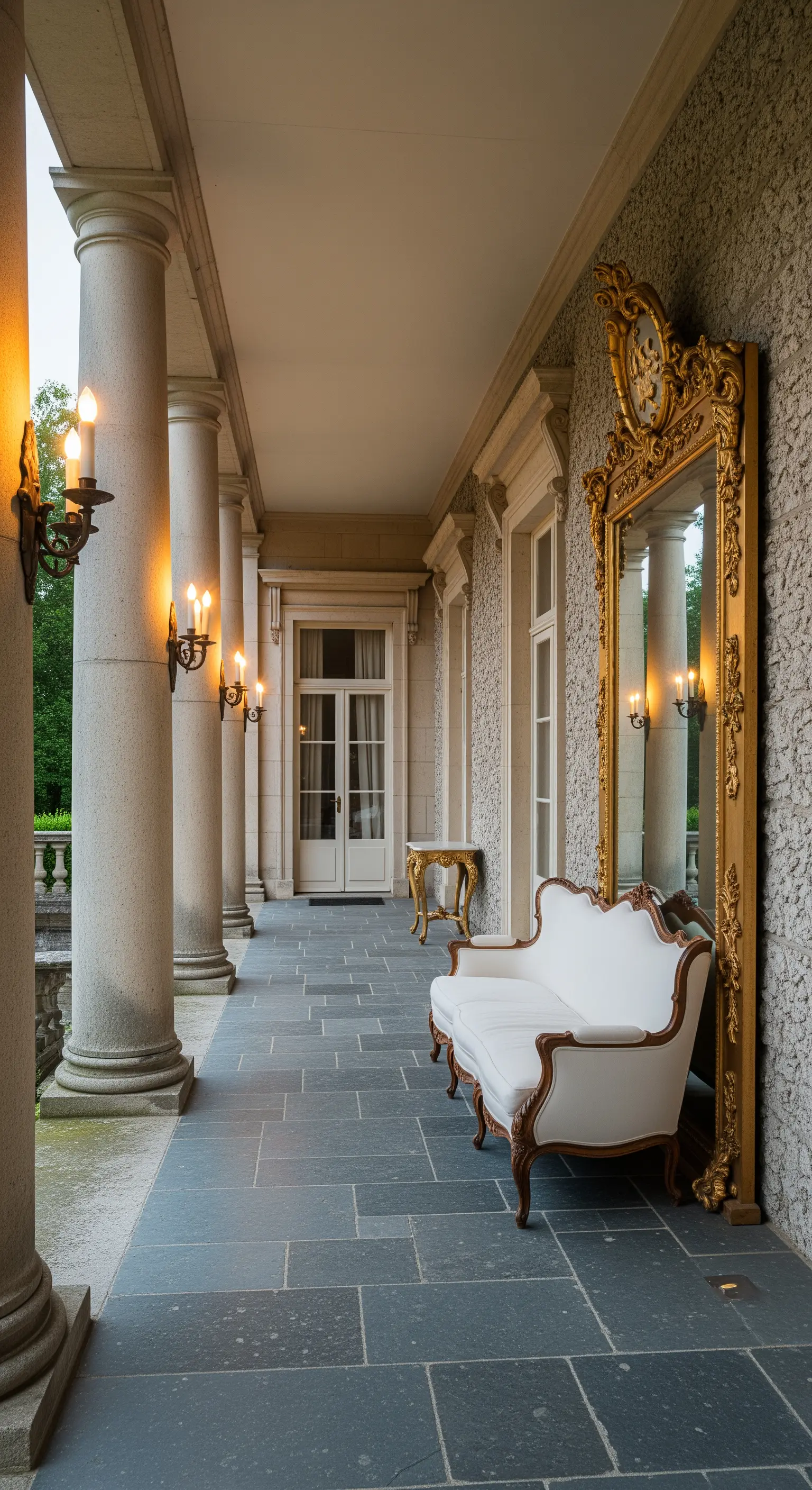 Portico con colonne in pietra, pavimento in ardesia e un enorme specchio barocco dorato appoggiato al muro