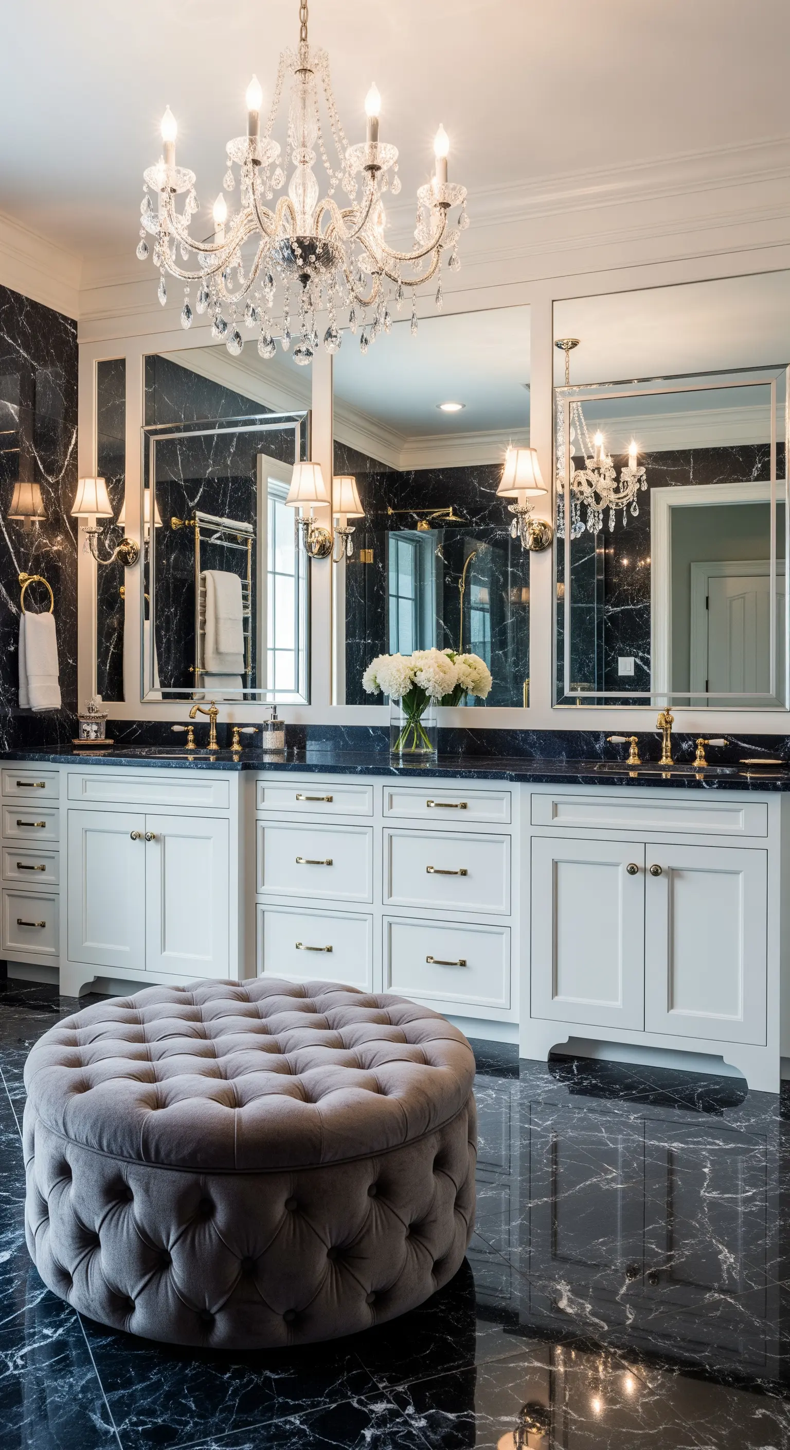Ampio bagno di lusso con mobili bianchi, pavimento in marmo nero e pouf centrale in velluto.