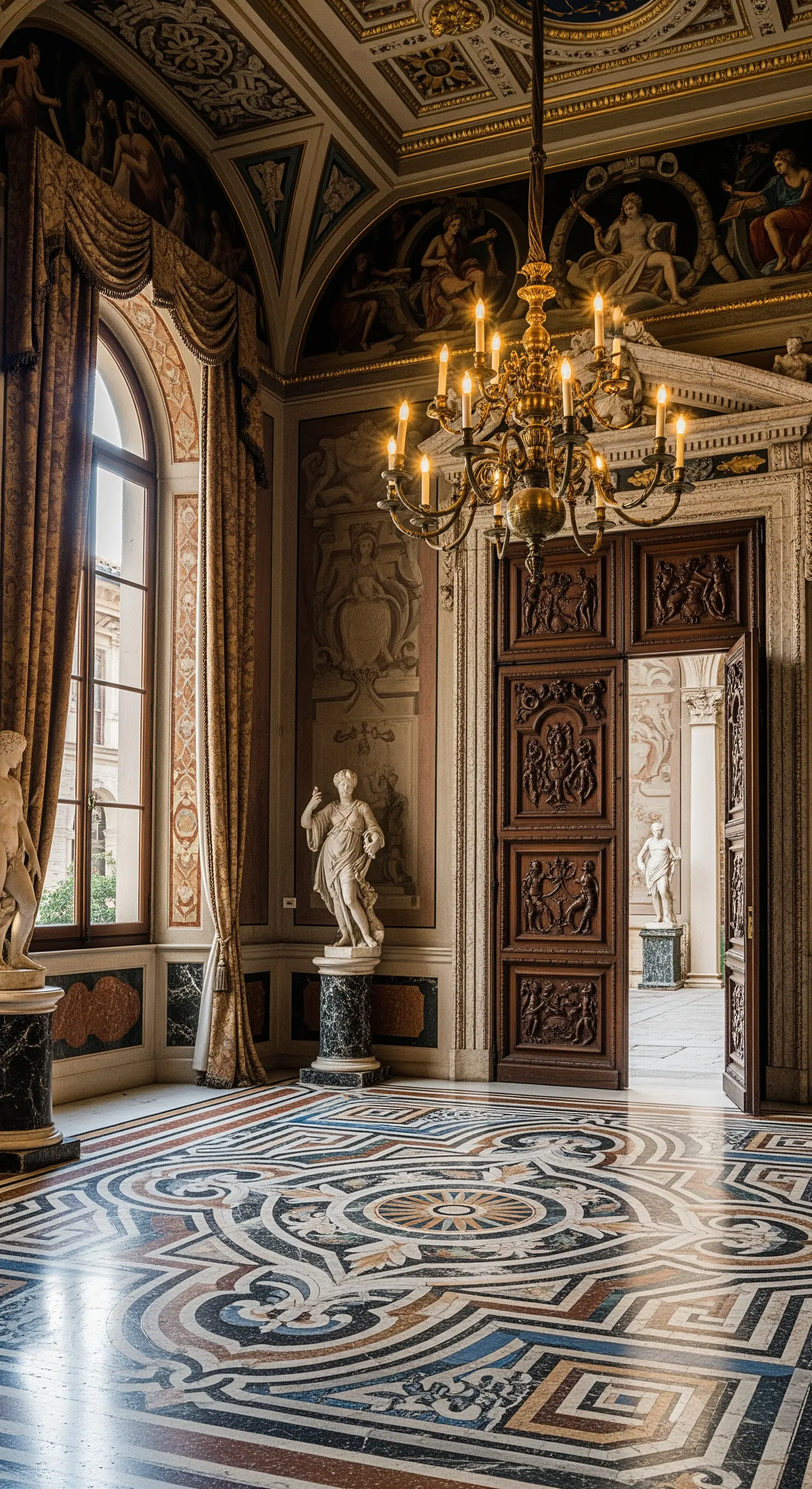 Salone rinascimentale con porte monumentali intagliate, pavimento in marmo intarsiato e statue classiche.