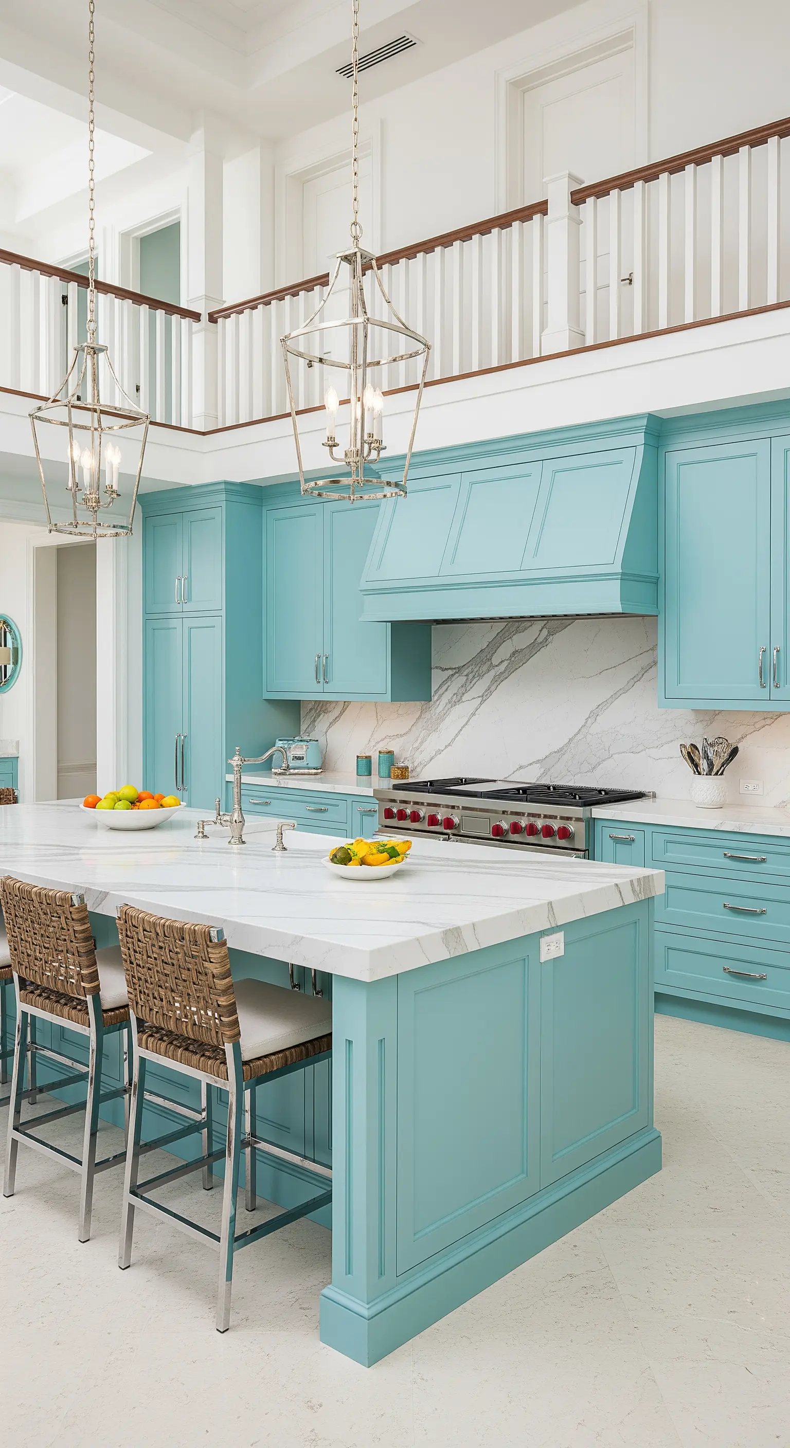Cucina a doppia altezza con mobili azzurro Tiffany e grandi lampadari a lanterna.