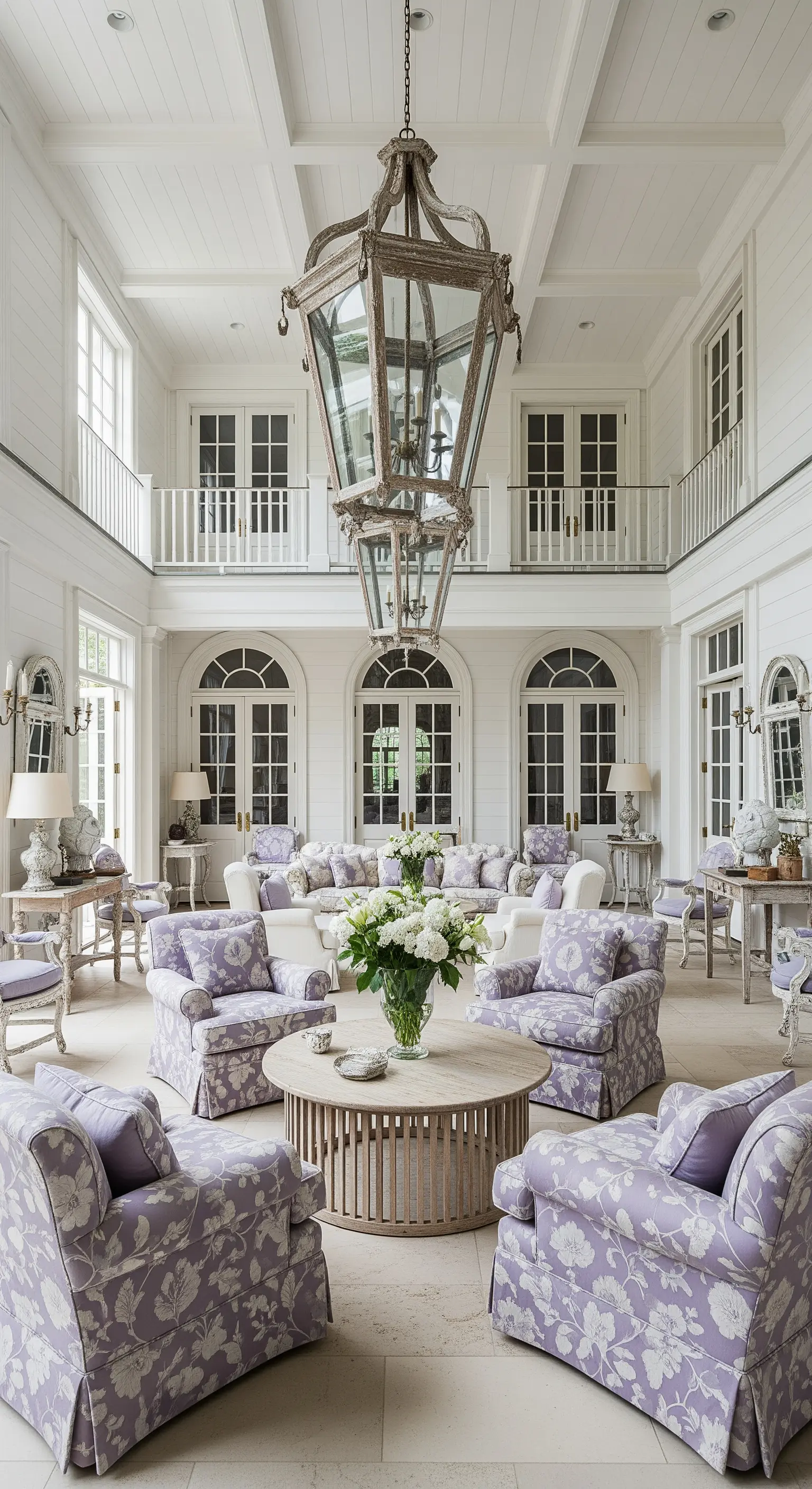 Ampio salone a doppia altezza con arredi floreali color lavanda e una grande lanterna centrale.