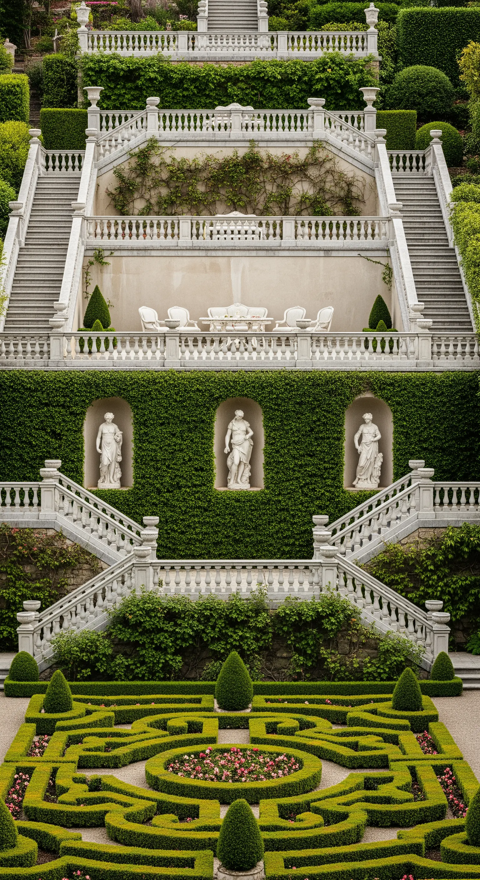 Giardino barocco a più livelli con scalinate, statue in nicchie e un parterre geometrico.