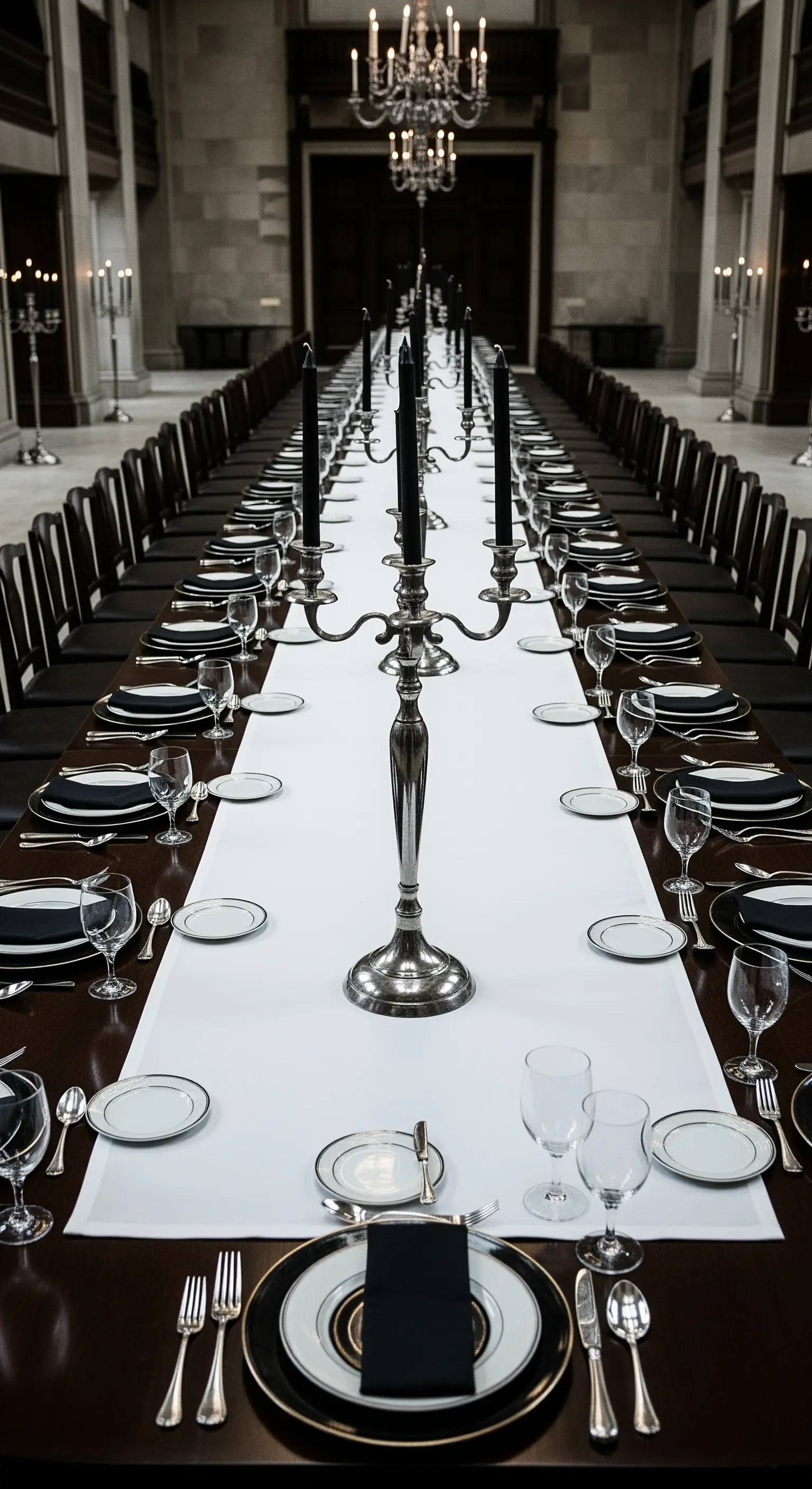 Lungo tavolo da banchetto con candelabri d'argento e apparecchiatura formale in bianco e nero.