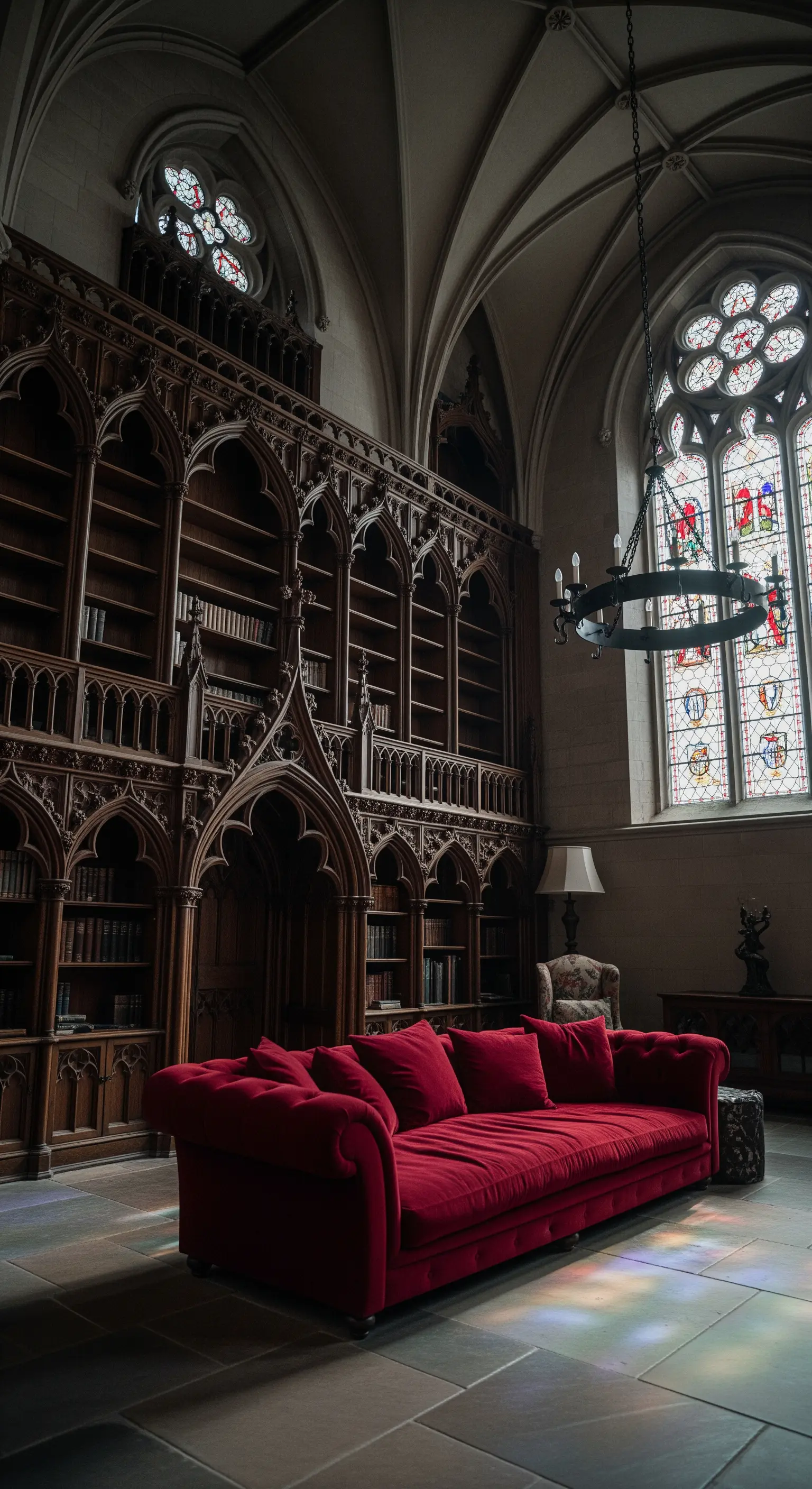Salotto in stile gotico con imponente libreria in legno intagliato e divano rosso.