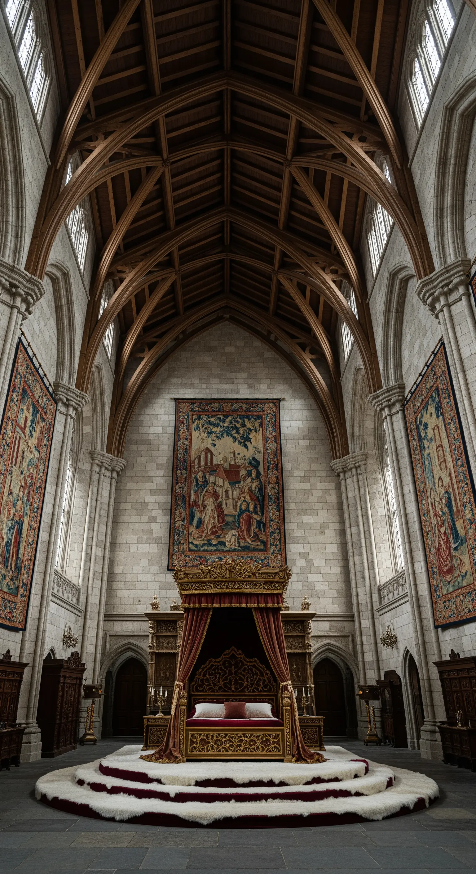 Camera da letto maestosa in un castello, con letto a baldacchino, arazzi e soffitto a volta.