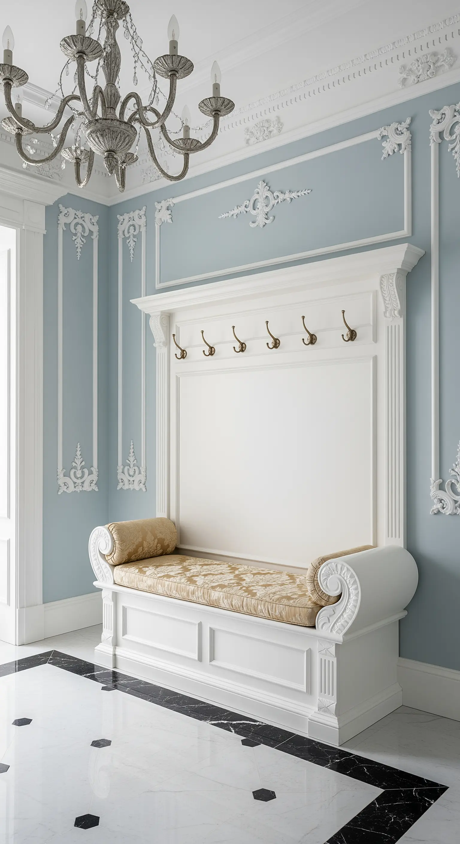 Panca bianca in stile neoclassico con cuscino damascato dorato, in un ingresso azzurro con boiserie.
