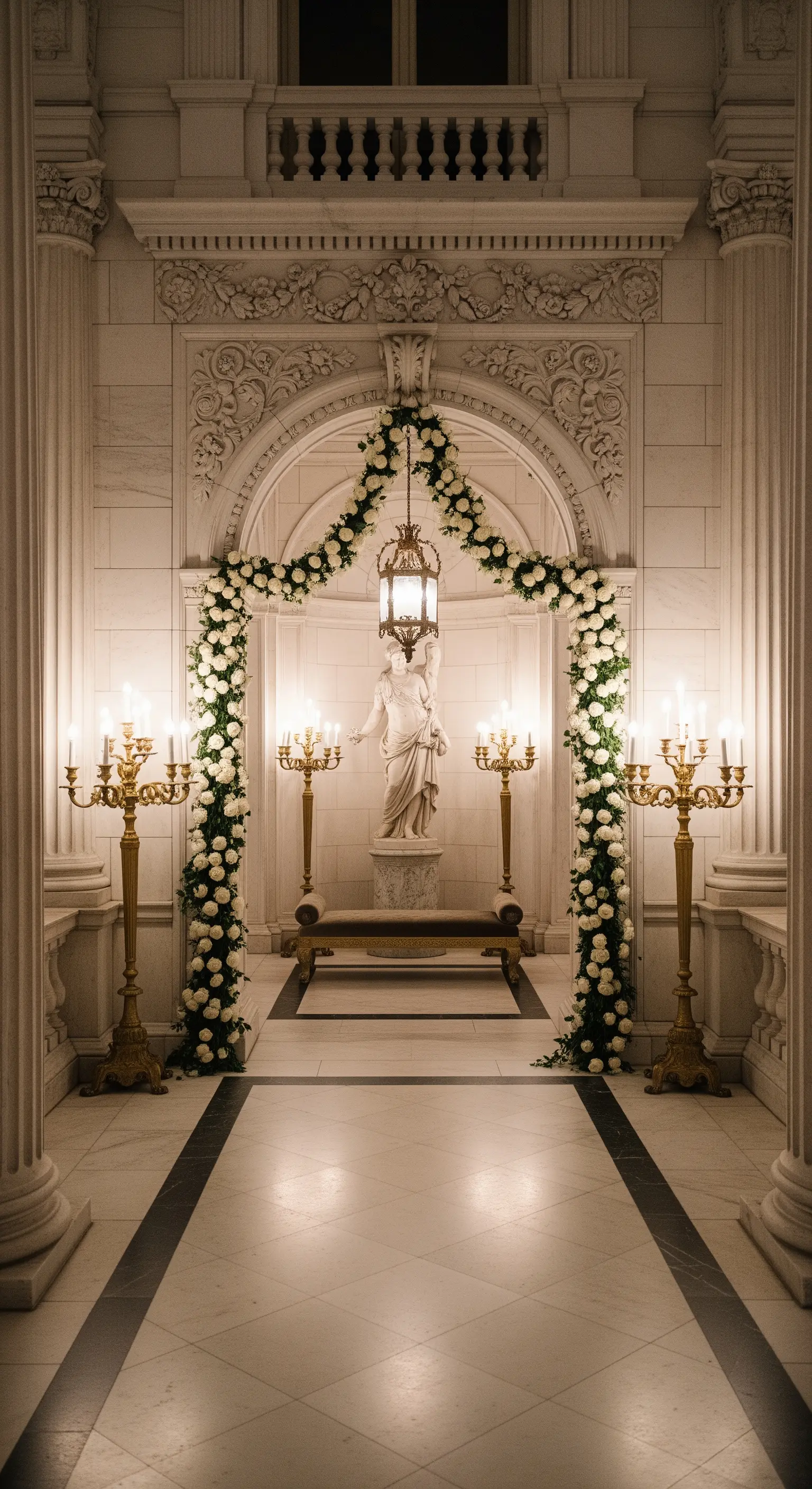 Ingresso neoclassico in marmo con statua, incorniciata da un arco di rose bianche e candelabri.