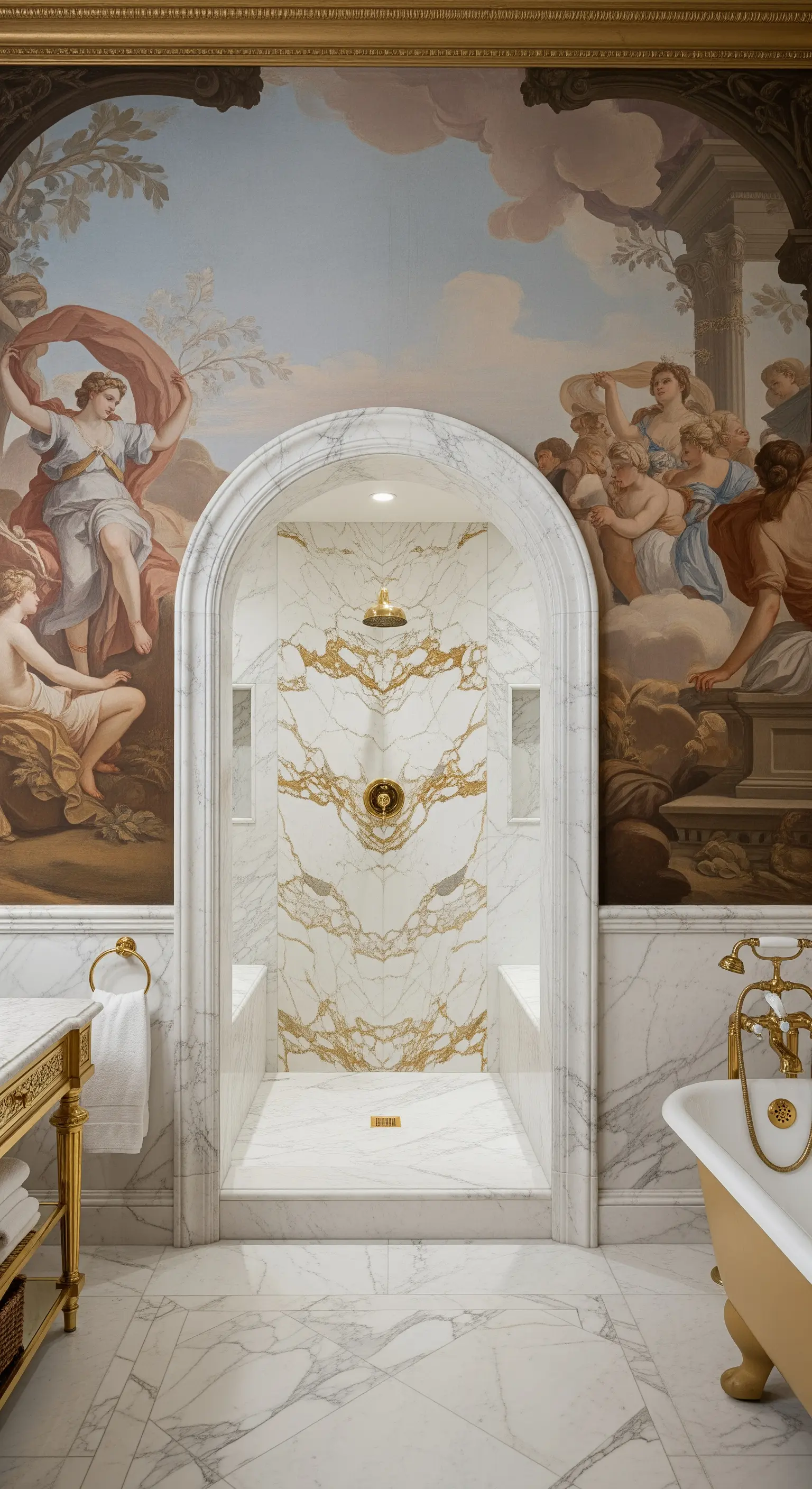 Bagno di lusso con affresco neoclassico, doccia ad arco in marmo e dettagli dorati.